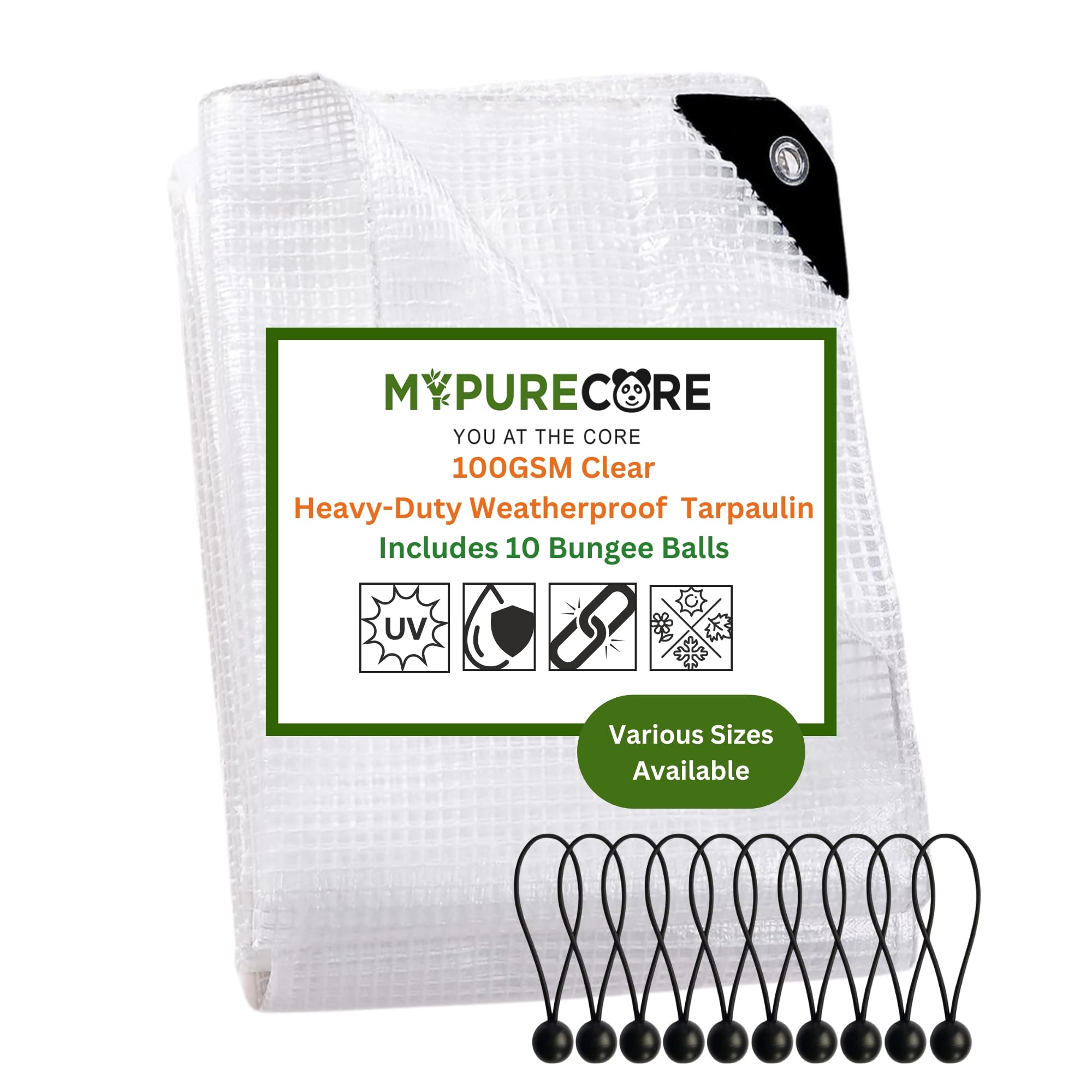 MYPURECORE Clear Weatherproof Tarpaulin 100GSM with 10 Bungee Balls – Heavy Duty Weatherproof Tarpaulin with Reinforced Edges & Eyelets – Transparent Tarp for Garden & Outdoor Use (1.5m x 2m)