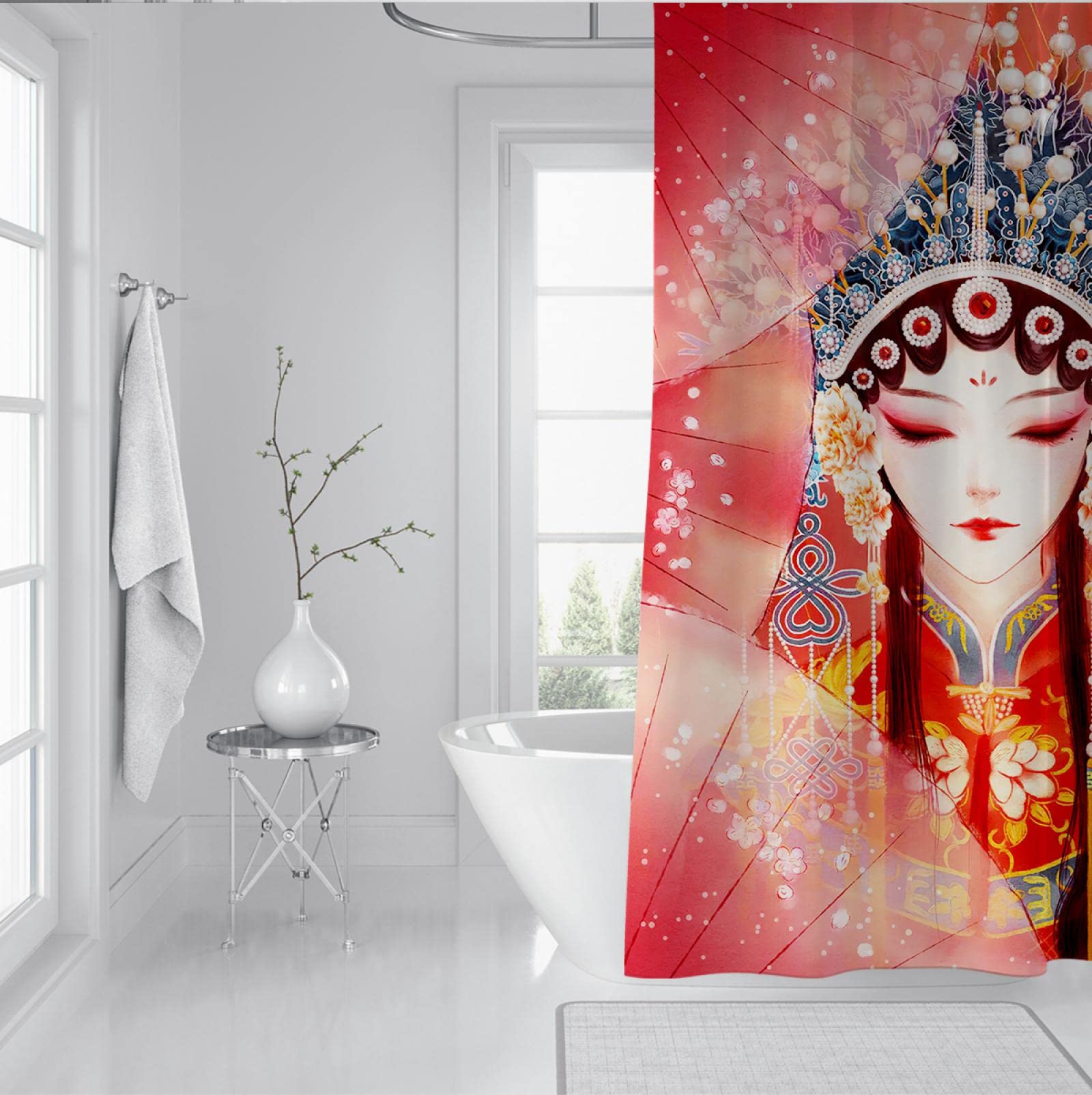 Chińska tradycyjna zasłona prysznicowa Beijing Opera Woman Zestaw zasłon prysznicowych z wanną haczykową Separacja sucha i mokra wodoodporna 180Wx200Lcm