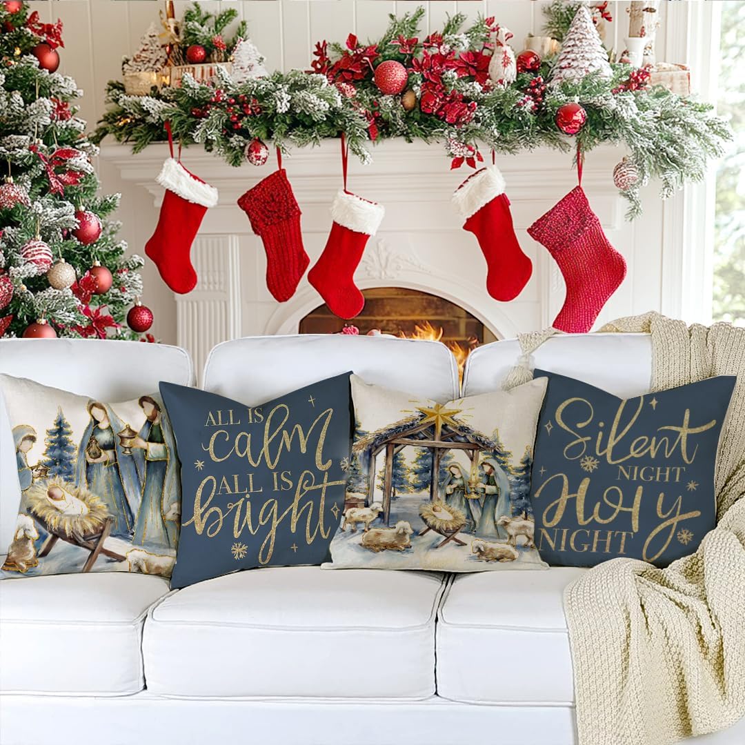 Christmas Pillow Covers 20X20 Inch Set of 4, Nativity Scene O Holy Night Jesus Snowflake Holiday Decor, All is Calm All is Bright Pillowcases for Sofa Couch Winter Home Decoration