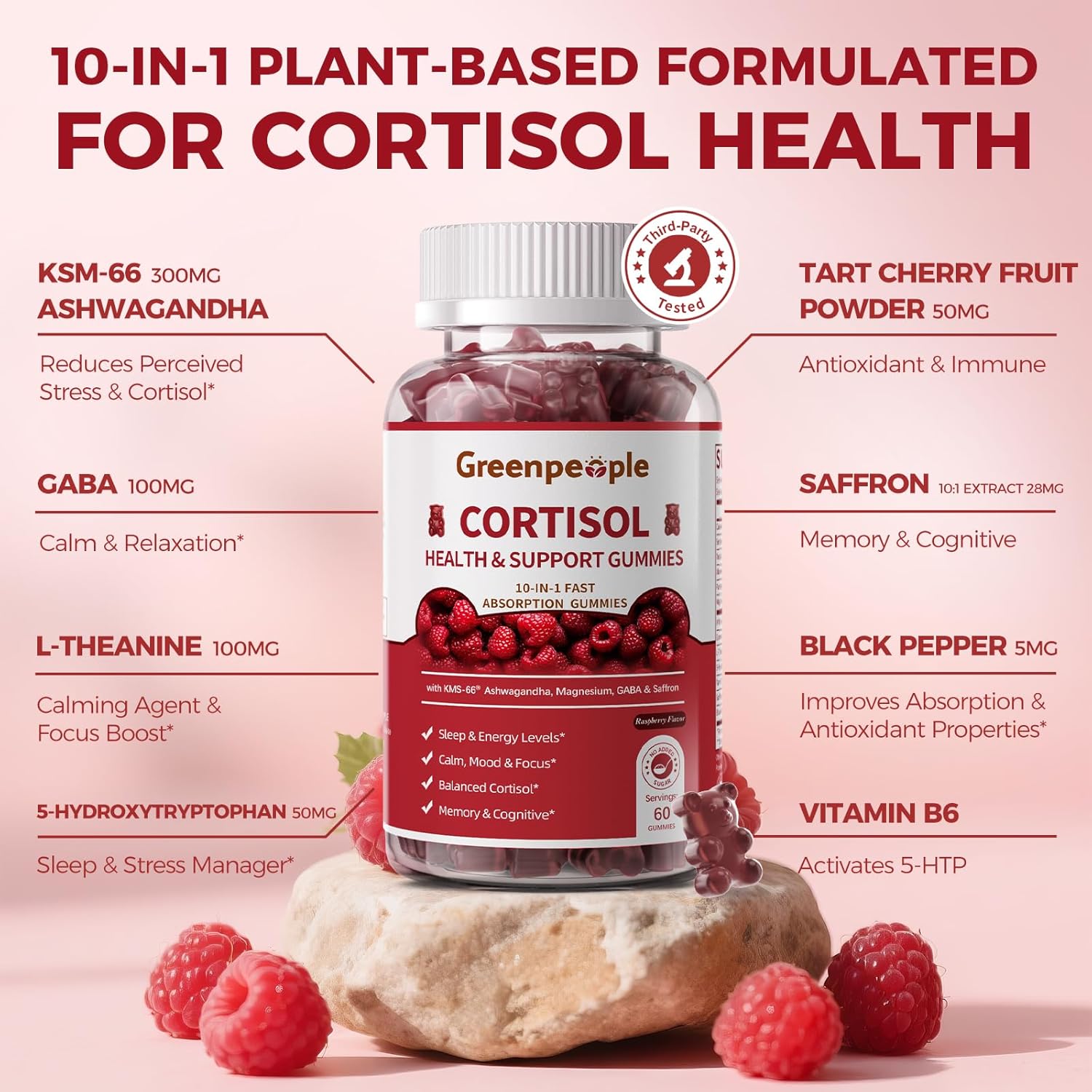 GREENPEOPLE Cortisol Supplements for Women & Men - Cortisol Reducer Detox Manager w/KSM-66 Ashwagandha/Magnesium/L-theanine/GABA/Vitamin B6 for Mood/Sleep/Stress Relief 60 CT Raspberry Flavor Gummies