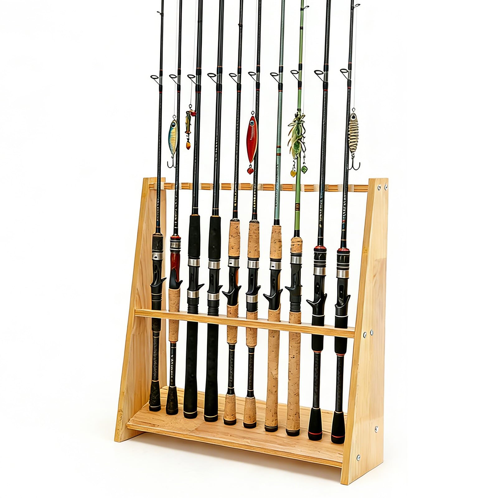 Supporto per canna da pesca in legno, per 10 canne da pesca, attrezzatura da pesca, stecche da biliardo, attrezzatura da pesca, idea regalo per uomini, pescatori, papà, 60 x 18 x 58 cm