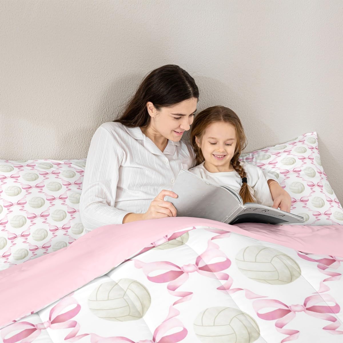 Castle Fairy Volleyball Kids Comforter Sets Twin Size,Woman Sport Girls Bow Tie Printed Bedding Sets,Splicing Bowknot Duvet Insert Bedroom Decor 2 PCS,Princess Style Quilt Set with 1 Pillowcase