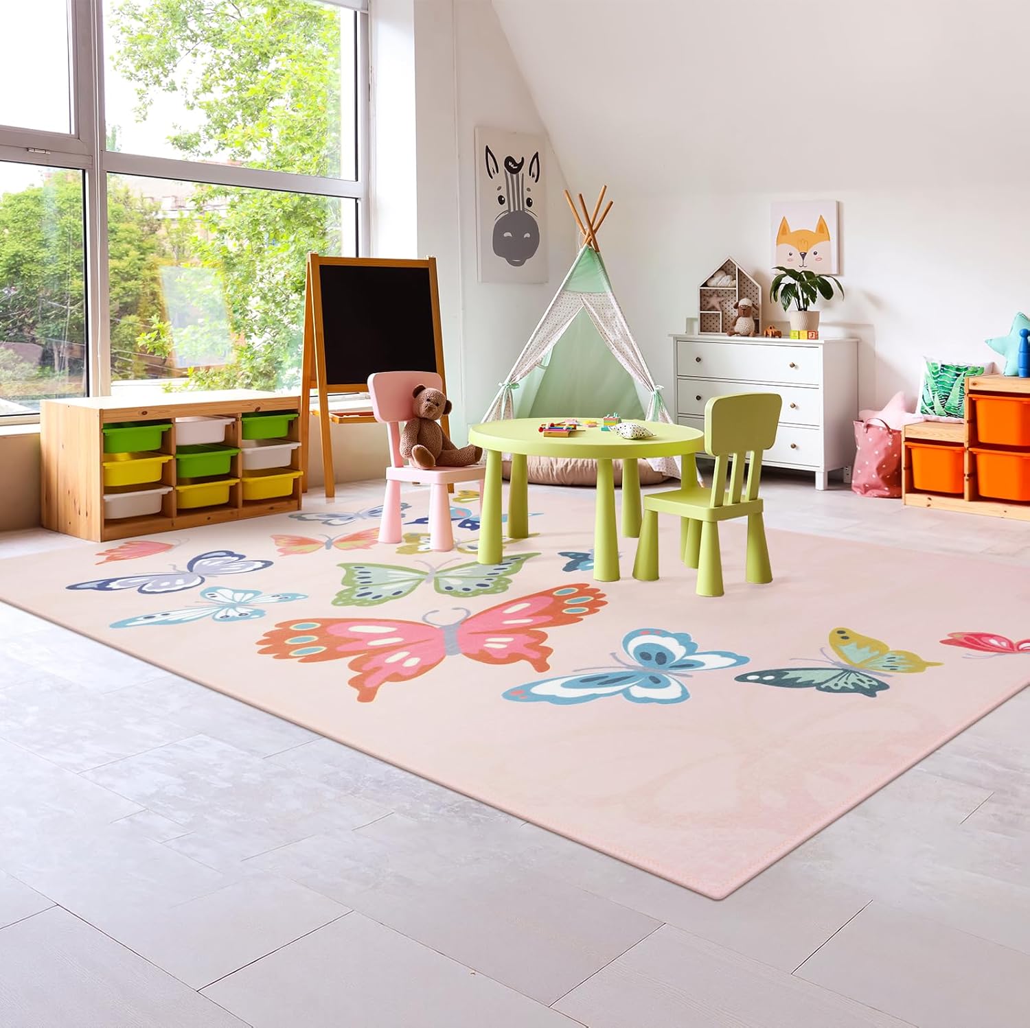 STARUIA Girls Rugs for Bedroom, 5x7 Washable Pink Kids Rugs for Playroom Nursery, Non Slip Soft Butterfly Area Rug, Baby Carpet for Kids Room Daycare Tent Dorm Castle Indoor Decor