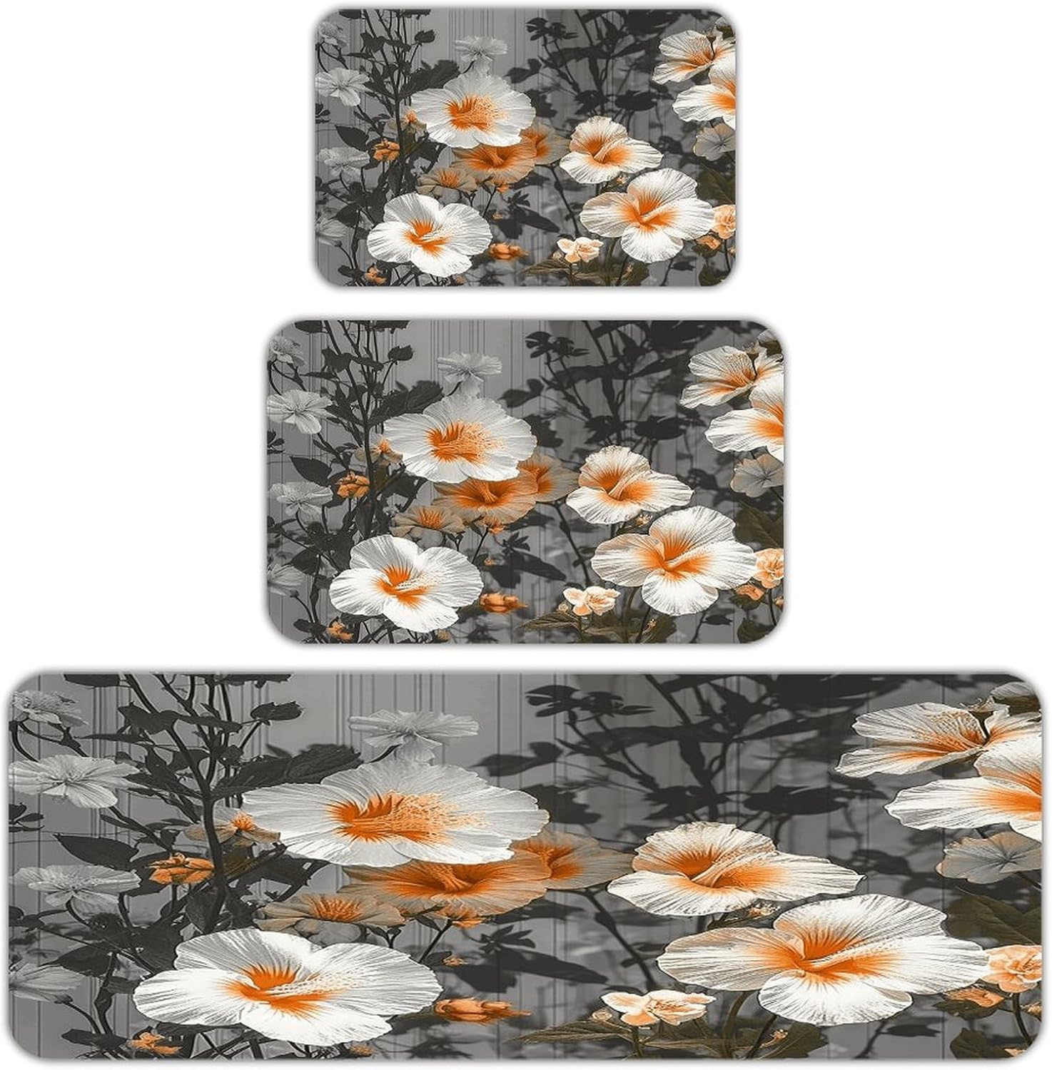 Blooming Hibiscus Flowers Kitchen Mat Set of 3 Waterproof Floor Mats Non-Slip Kitchen Rugs Premium Flannel Rug Heavy Duty Standing Mat for Kitchen Home Bathroom Laundry
