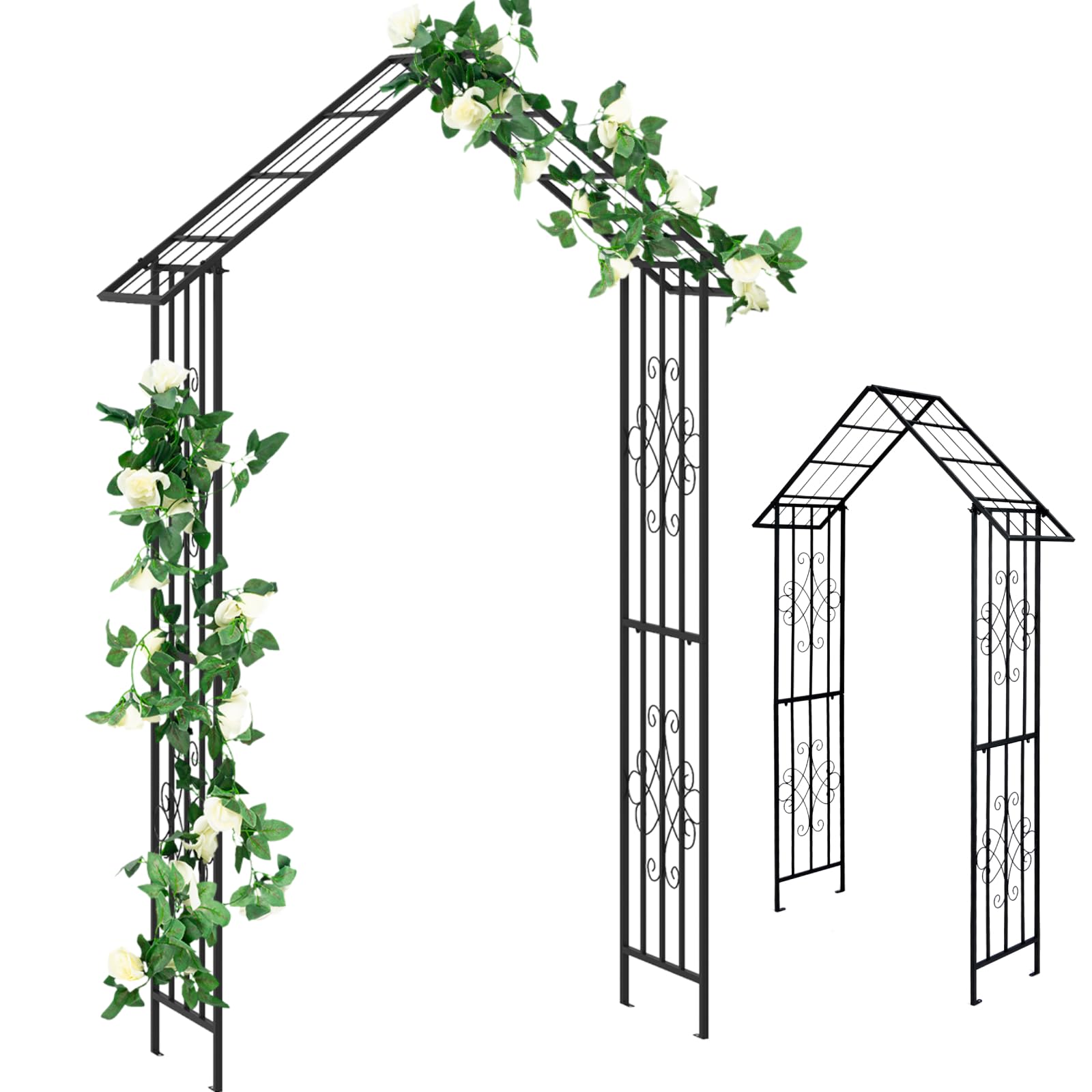 TANGZON 222CM Metal Garden Arch, Heavy Duty Pergola Arbor Trellis with Stylish Roof-shaped Top & 4 Ground Stakes, Outdoor Plants Roses Vines Climbing Plants Support Archway for Wedding Party Lawn Walk