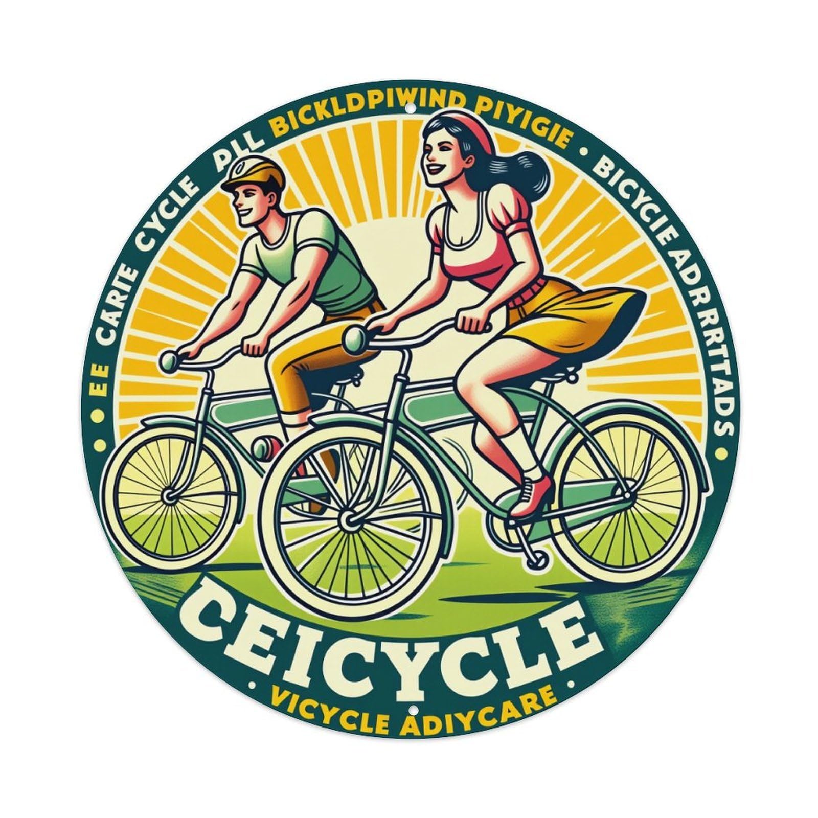 Cycling Couple Vintage Style Art Round Tin Sign Vintage Style Metal Sign Home Bar Garden Wall Plaque Decor Metal Poster 8x8 Inch