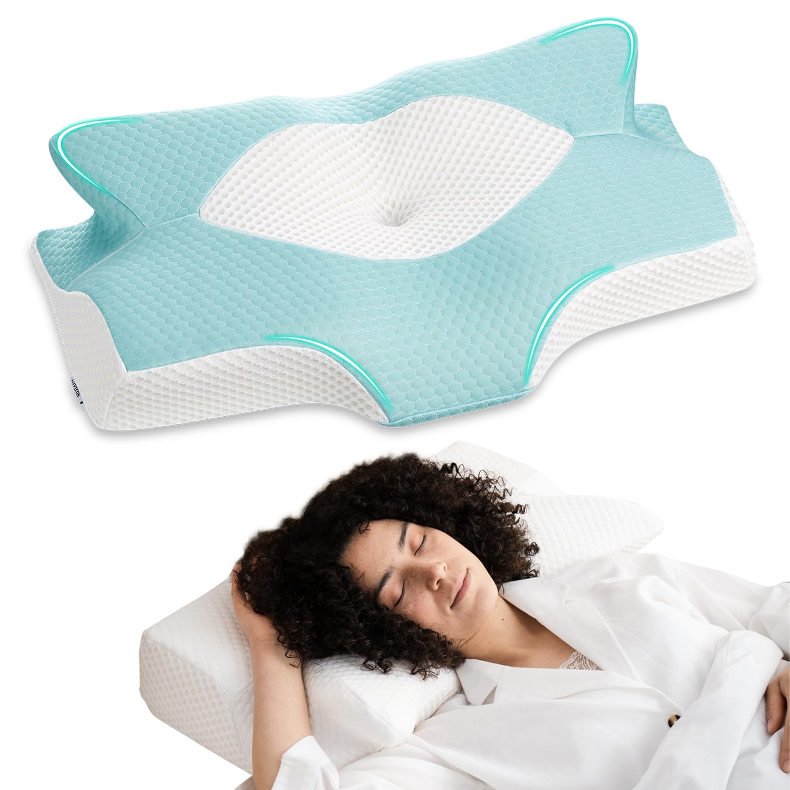 Cuscino Cervicale per Dormire, Cuscino Ortopedico Ergonomico Memory Foam, Supporto per Collo, per Dormire sul Fianco, Schiena e Stomac, 64 x 40 x 13/11.5 cm, Federe Raffreddamento Lavabile, Blu Verde