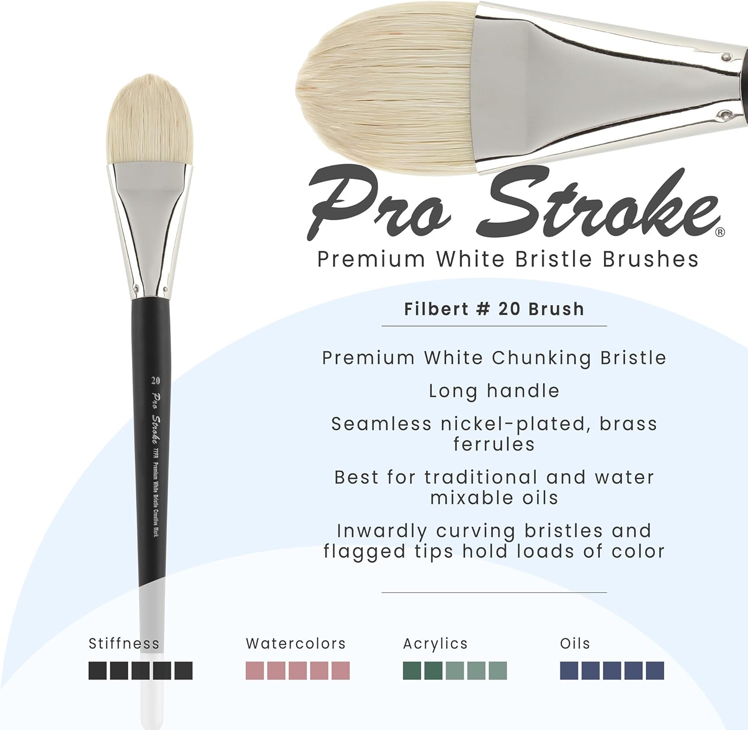 Creative Mark Pro Stroke Premium White Chungking Hog Bristle Artist Paint Brush - Filbert # 20 - Natural Bristle Brush w/Great Control Suitable for Oils, Watercolors, Acrylics, Alkyds, Caseins