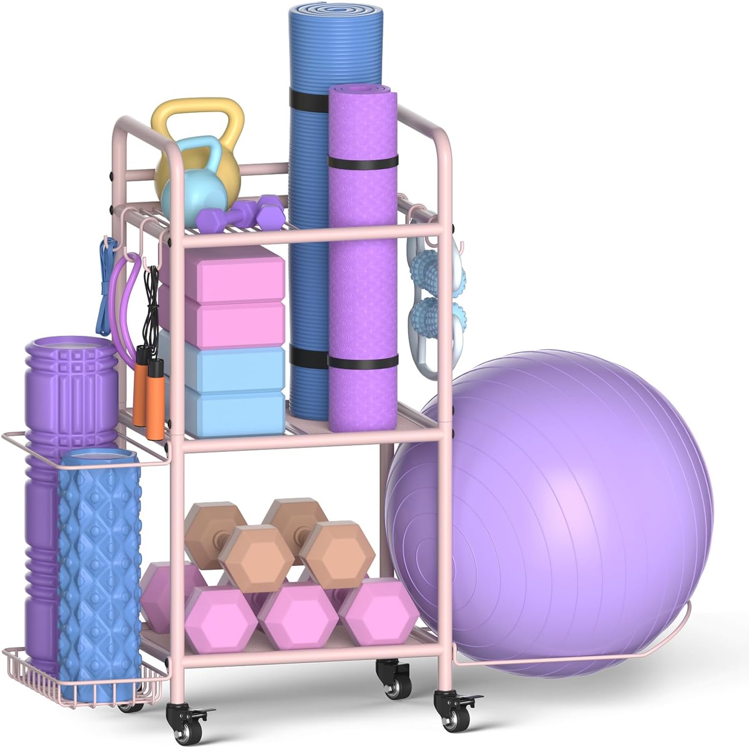 Home Gym Storage Rack Exercise Equipment Storage Organizer for Yoga Mat Dumbbells Kettlebells Foam Roller Yoga Strap & Resistance Bands, Ideal Yoga Mat Holder & Workout Equipment Organizer