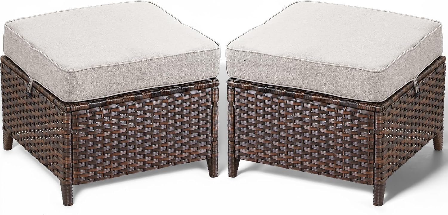 Patio Ottoman Outdoor Wicker Side Table - 2PCS Multipurpose Heavy Duty All-Weather Brown Rattan Extra Seating Bench Footrest Footstool for Garden Back Porch Poolside Apartment - Navy Blue