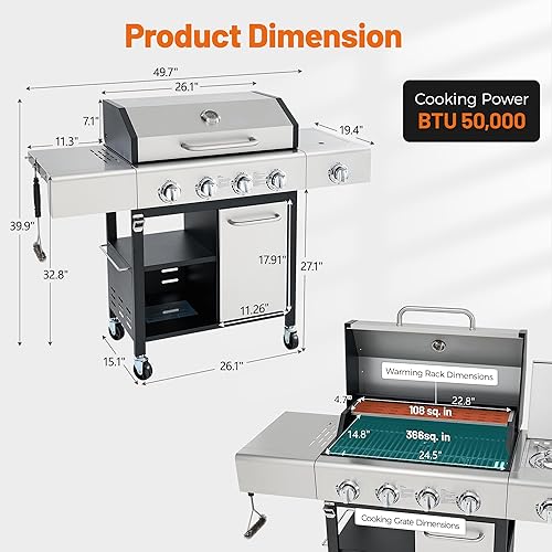 Miniatura 8 de Parrilla de barbacoa de propano de 5 quemadores con quemador lateral, cada quemador principal de 10,000 BTU, 50,000 BTU en total, parrilla de gas de