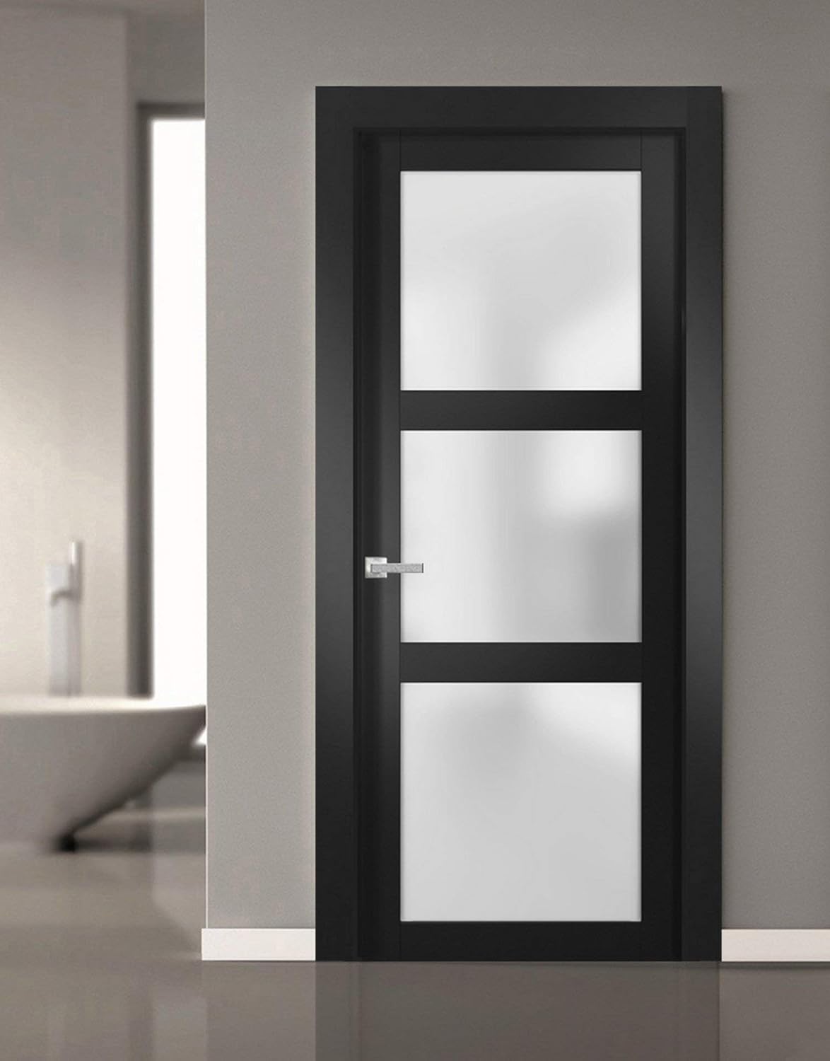 SARTODOORS Solid French Door Frosted Glass 36x80 inches | Lucia 2552 Matte Black | Single Regular Panel Frame Trims Handle | Bathroom Bedroom Sturdy Doors