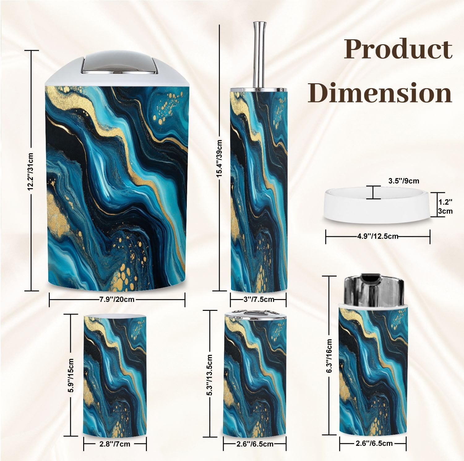 Bathroom Accessory Set 6PCS Sapphire Navy Blue Black Gold Marble Decor Art Modern Swirling Tones Trash Can, Soap Dispenser, Toothbrush Holder, Toothbrush Cup, Toilet Brush Holder, Soap Dish for Gifts
