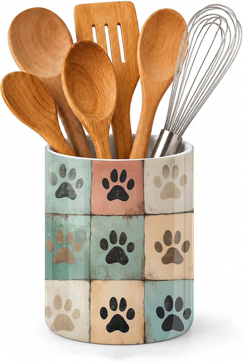 Cute Paw Print Utensil Holder for Countertop,Vintage Ceramic Utensil Crock Organizer for Home Kitchen Spoons,Spatulas and Cooking Tools