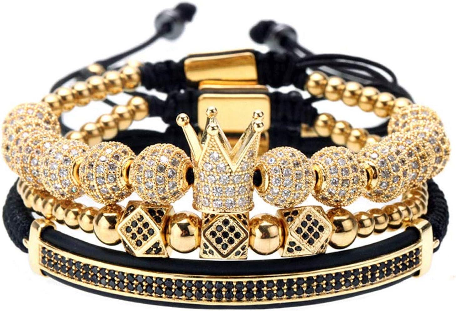 GVUSMIL Luxury CZ Imperial Gold Crown Bracelets Set King Royal Style with 8mm Zirconia Beads Braided Pulseira Bangle Charm Jewelry for Men