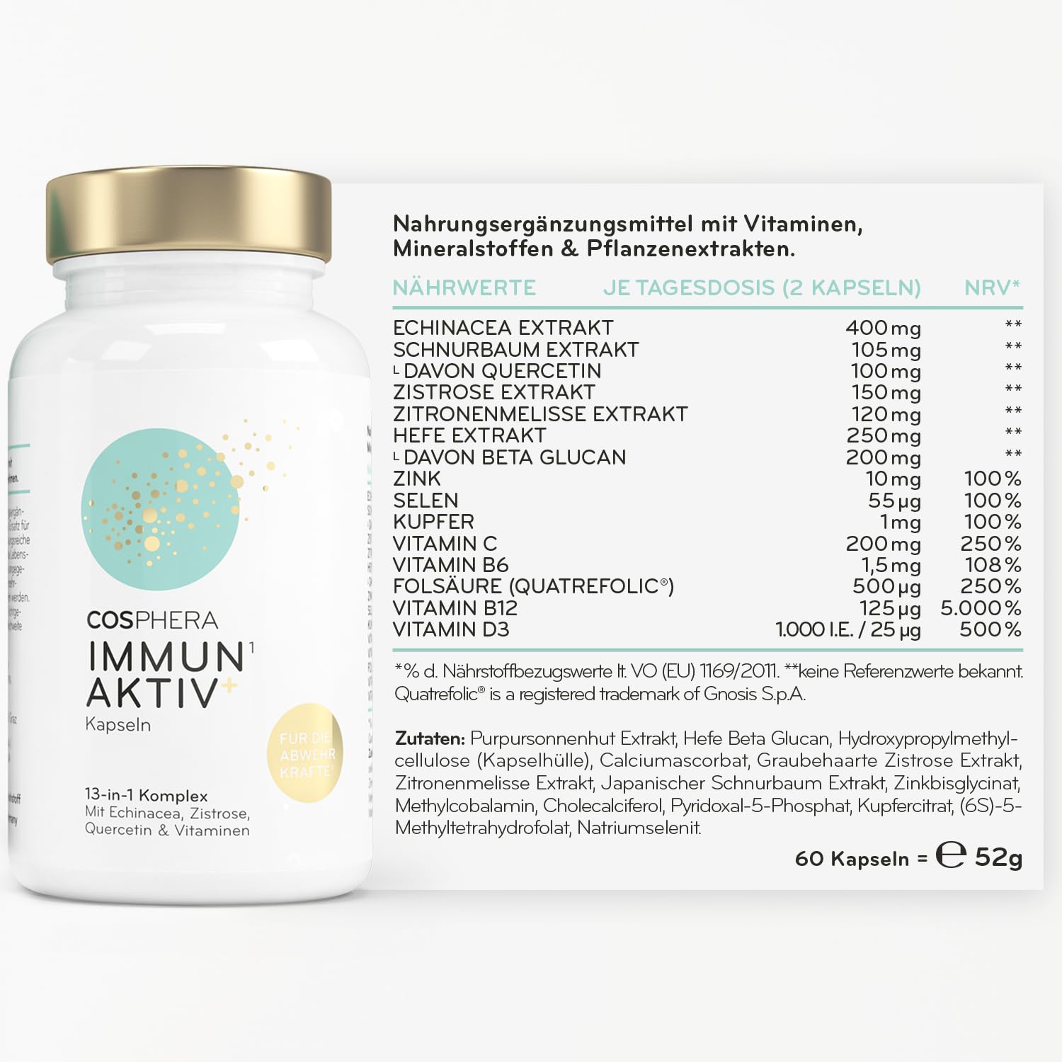 COSPHERA® 13-in-1 Immun Komplex - mit Echinacea, Vitamin C, Zink, Selen, Zistrose, Quercetin, D3, B6, B9, B12 - Vitamin Komplex zum Immunsystem Stärken Erwachsene - Vegan & Hochdosiert