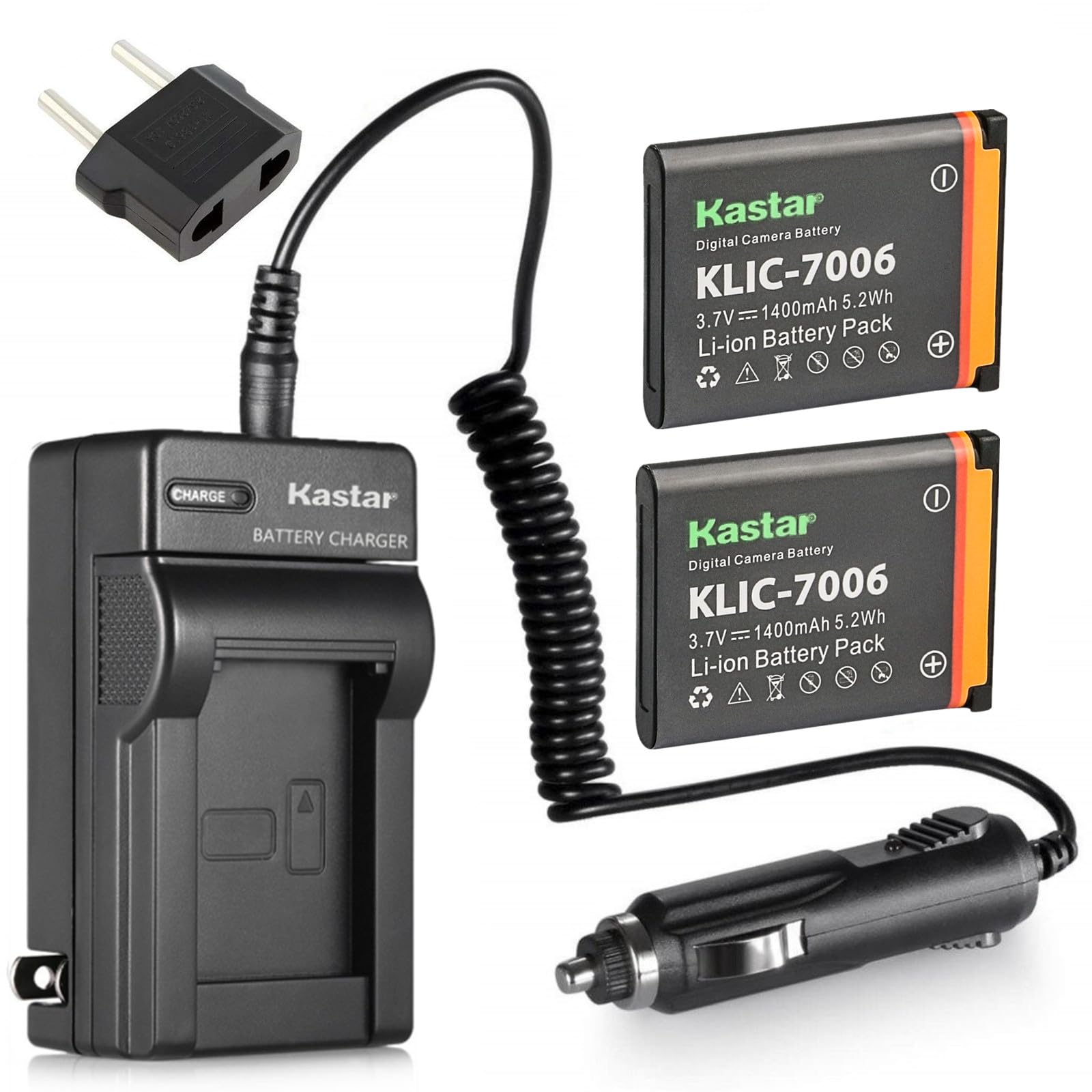 Kastar Battery 2x and Charger for Kodak KLIC-7006, Kodak EasyShare M22, M23, M200, M522, M530, M531, M532, M550, M552, M575, M577, M580, M583, M750, M873, M883, M5350, M5370, MD30, Mini, Touch Digital