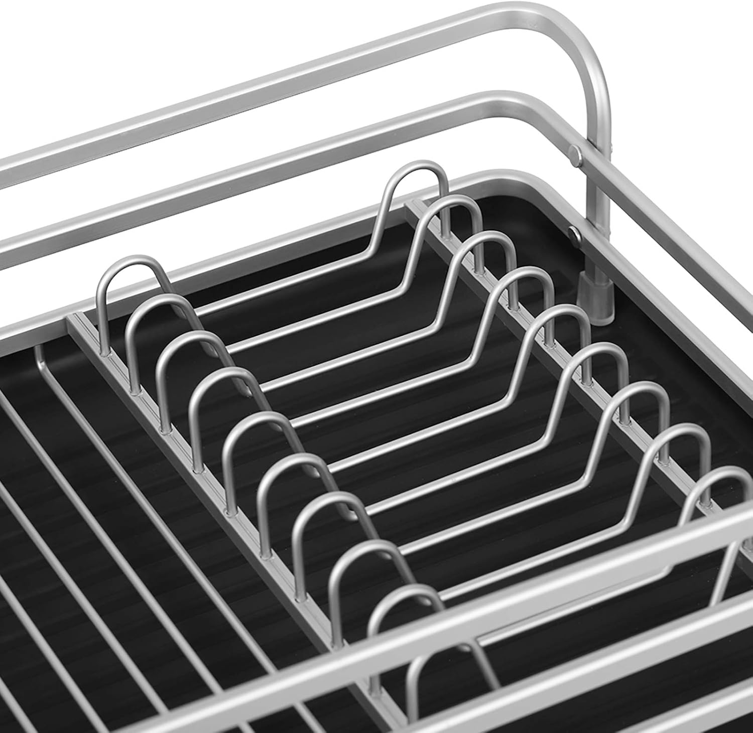 MOOACE Aluminum Dish Drying Rack, Counter Rustproof Dish Storage with Cutlery Holder, Removable Drainer Tray, Silver