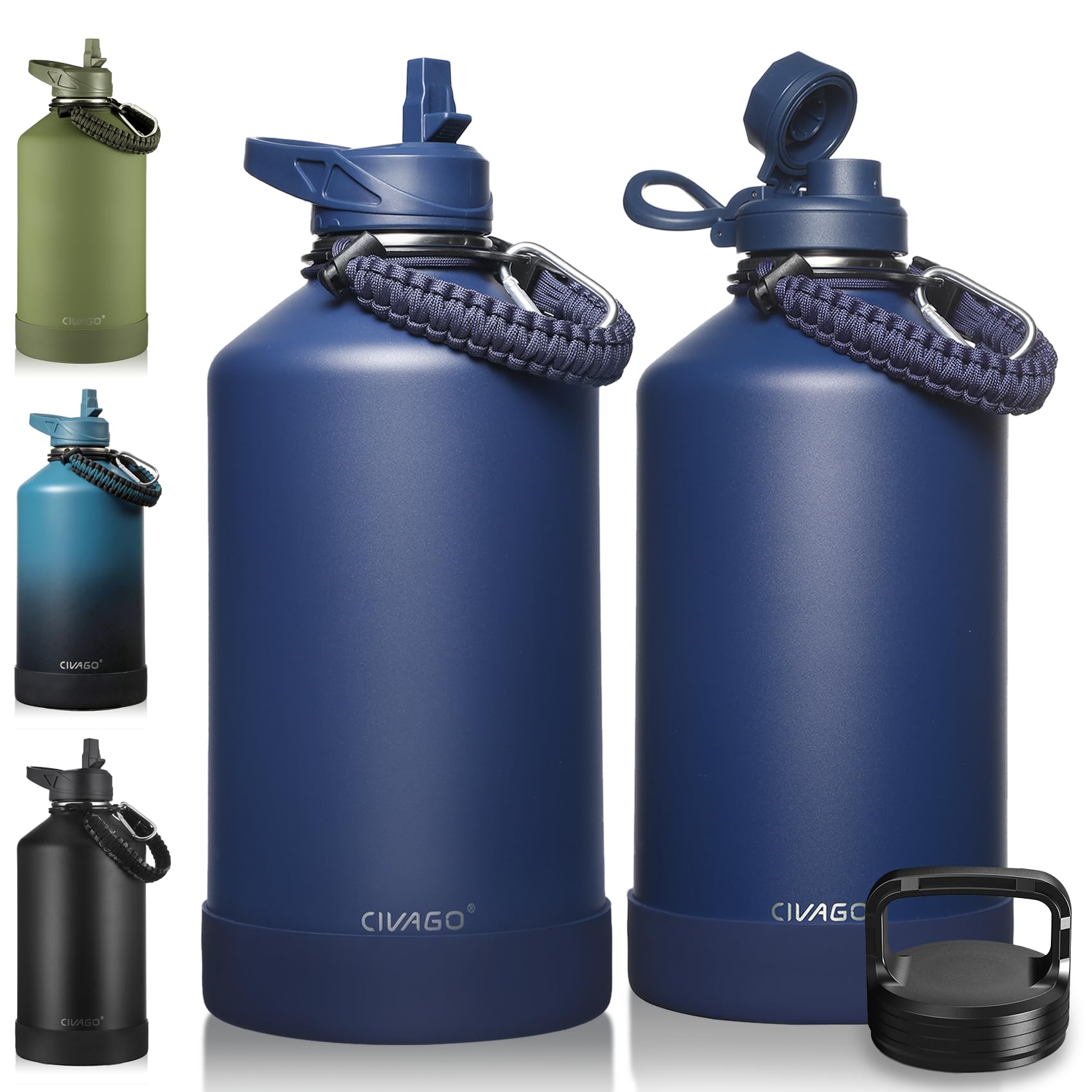 CIVAGO Gallon Insulated Stainless Steel Water Bottle With Straw and 3 Lids | 128 oz Large Metal Water Jug Big Leakproof Reusable Wide Mouth Thermal Flask with Silicone Boot and Strap, BPA-Free, NavyBlue