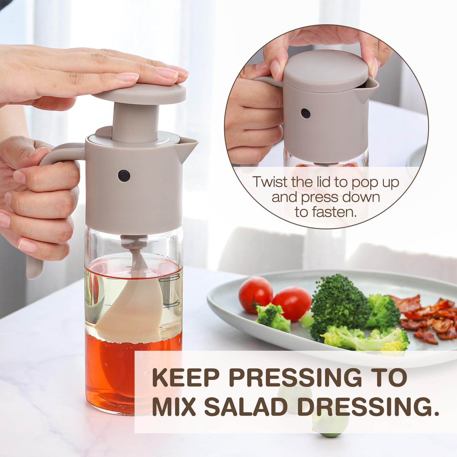Vucchini Botella Mezcladora de Aderezo para Ensaladas de 300ml, Coctelera de Salsa de Pájaro Color Gris, Tasa de Flujo Ajustable, Apto para Lavavajillas, Adecuada para Aceite, Vinagre, Cocina