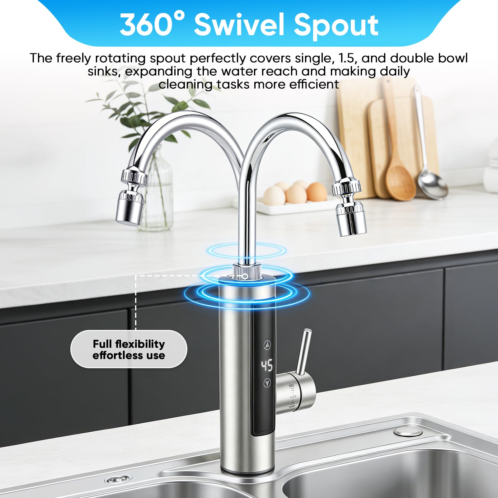 Robinet électrique 3,4 kW avec chauffe-eau instantané pour cuisine - Robinet d'eau chaude avec écran numérique (30-50 °C) - Bec pivotant à 360° et double jet - Eau chaude instantanée pour évier - 220