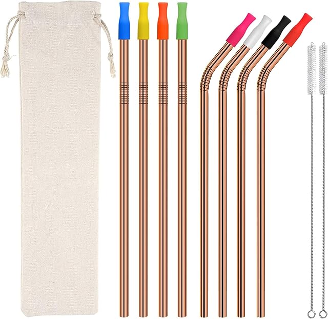 MVS Wholesale 19 Piece Set Of 8 Reusable ROSE GOLD Metal Stainless Steel Drinking Straws & 2 Cleaning Brushes, 1 Carry Bag and 8 Silicon Tips. Contains 4 Straight and 4 Bent (SSS0101RG)