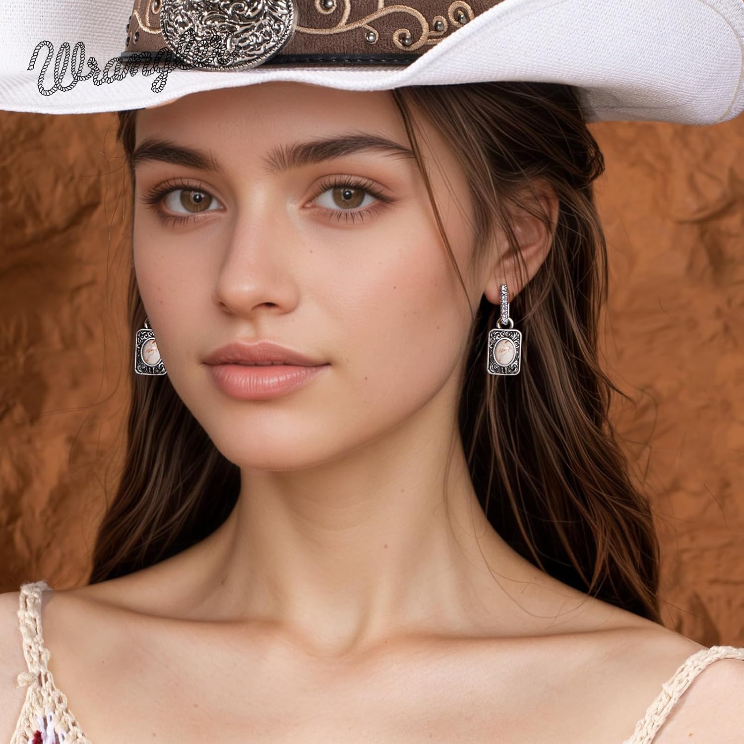 Montana West x Wrangler Natural Gemstone Dangle Hoop Earrings for Women Gold Plated - Image 3