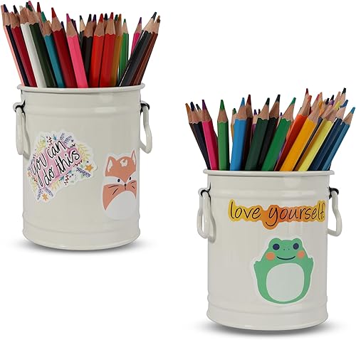 Soporte para bolígrafo para escritorio con 60 piezas de animales lindos y 50 calcomanías inspiradoras, soporte para lápices de hojalata, organizador