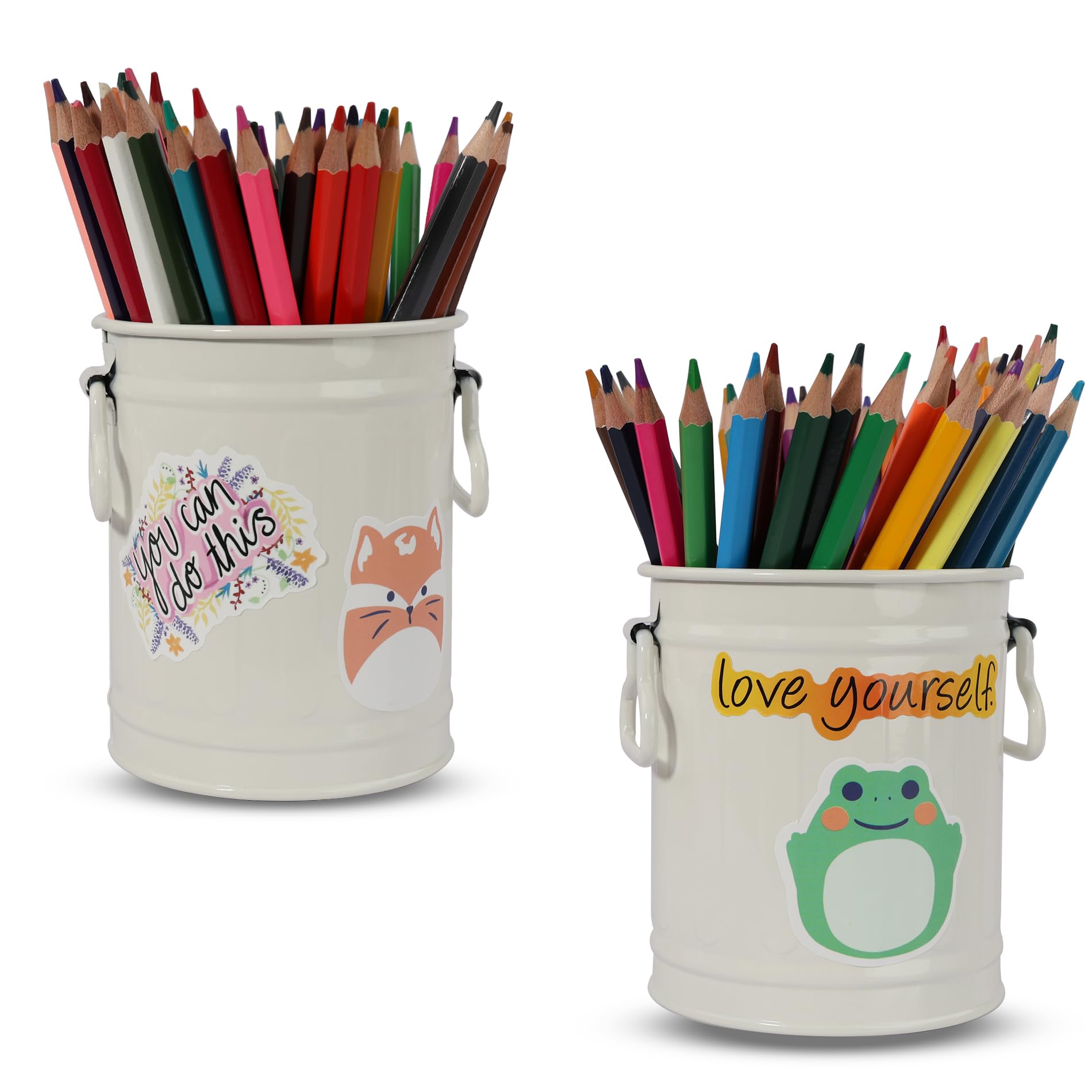 Pen Holder Cup For Desk With 60 Pcs Cute Animal & 50 Pcs Inspirational Stickers,Tinplate Pencil Holder Metal Marker Pen Organizer Desk Accessory