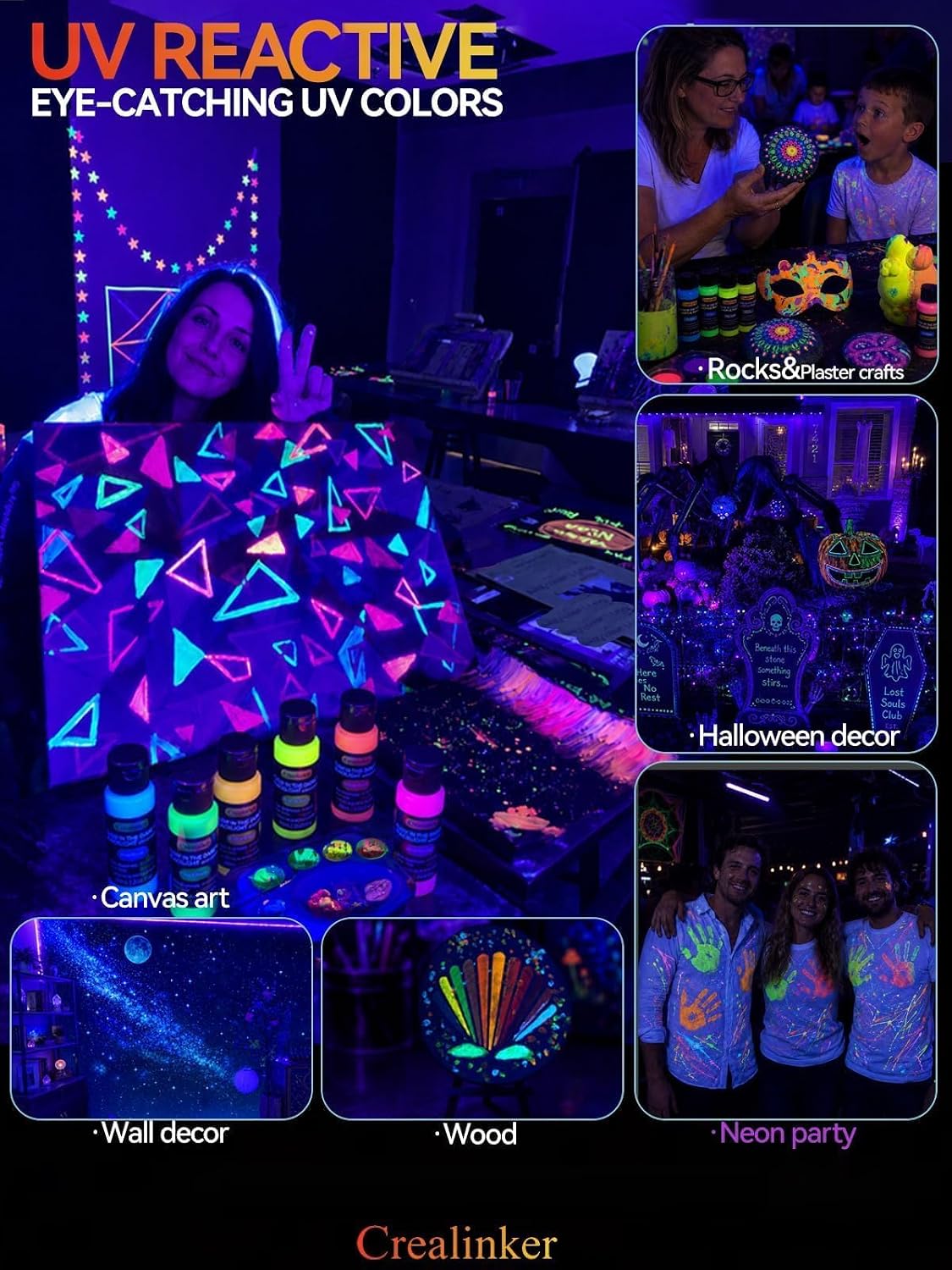 CREALINKER Glow in the Dark Acrylic Paint, 10 Colors 2oz/60ml Bright Neon Glow Paint, Long Lasting Black Light Fluorescent Paints for Outdoor Rocks, Canvas, Wood, DIY Craft, Glass, Night Party Decor.