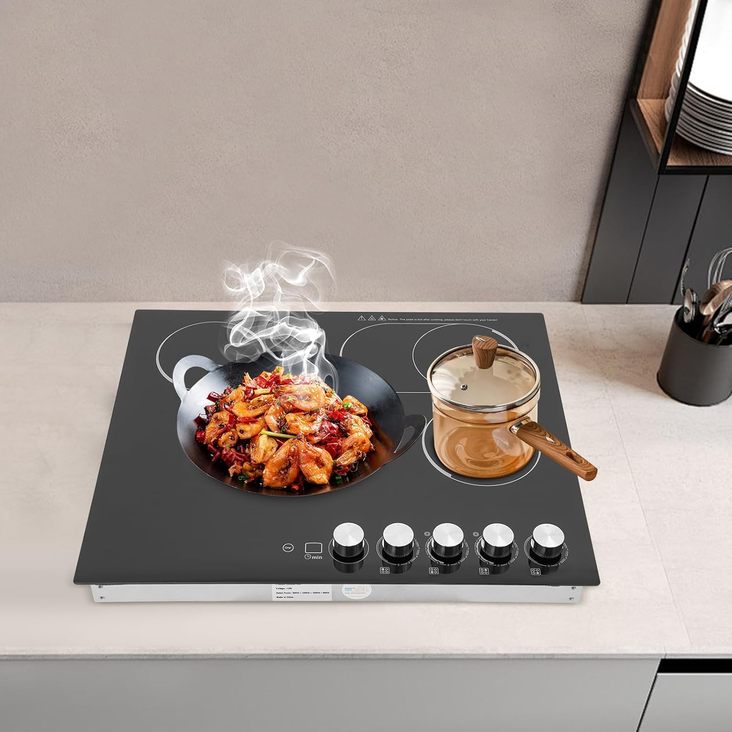4 Burners Electric Cooktop, 24 Inch 3400W Electric Ceramic Cooktop Built-in Electric Stove Top with 5 Heating Levels, Kid Safety Lock and Timer, 110V for Hard Wire (No Plug)
