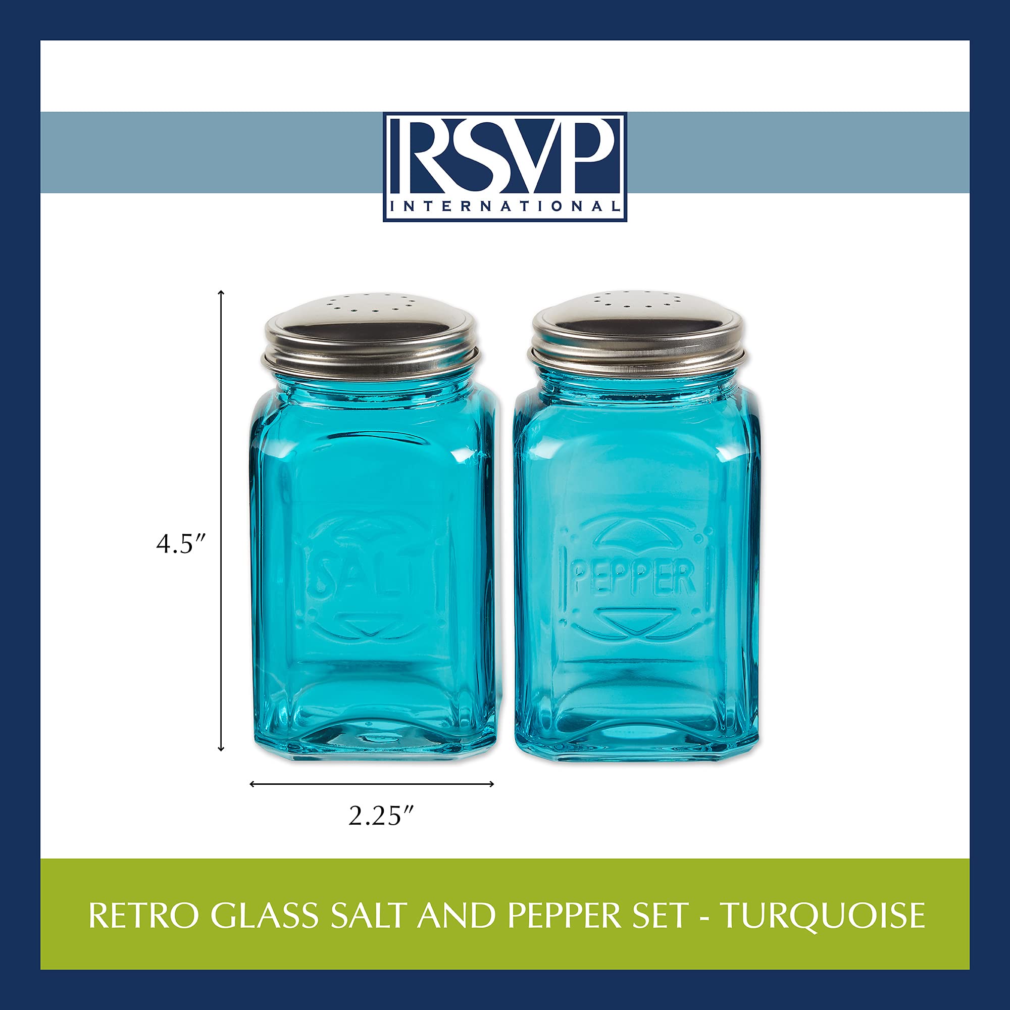 RSVP International - Salero y pimentero de cristal retro de 8 onzas, color turquesa | tapas de acero inoxidable |, 14 oz