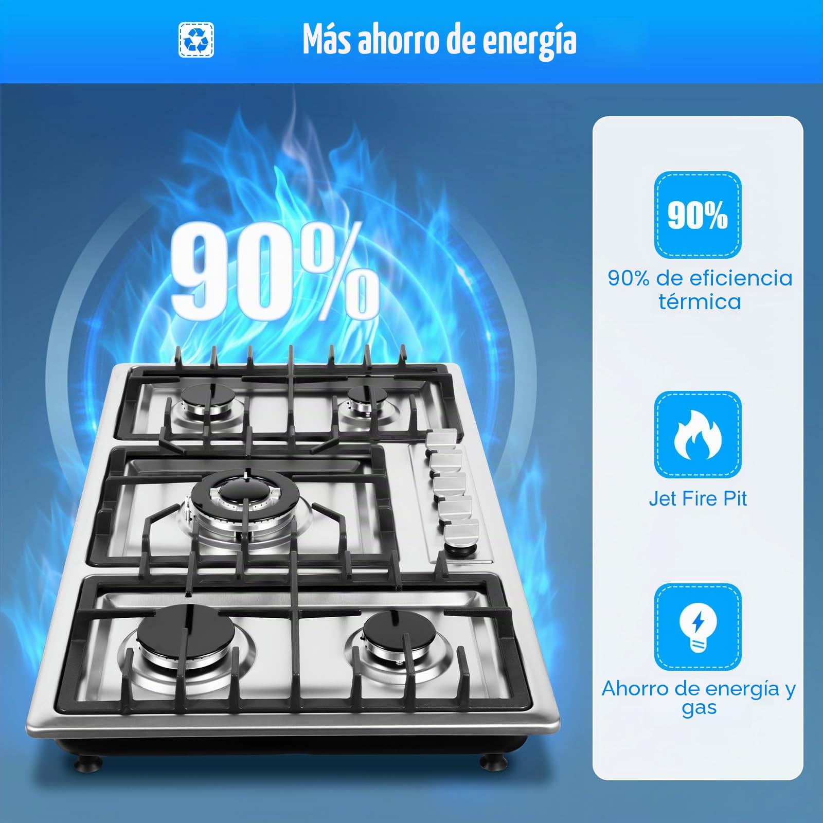 Placa de cocina de gas empotrable con 5 fuegos, acero inoxidable, 86 x 51 cm, para gas natural/propano, estufa empotrable con carcasa de acero inoxidable, para cocina y cocina comercial
