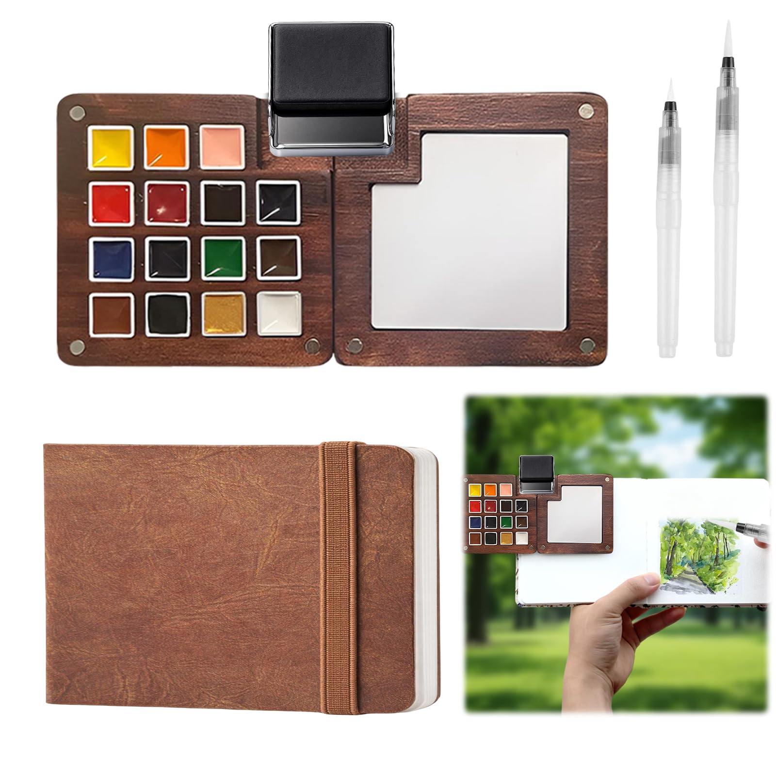 Mini Watercolour Paint Kit - Travel Watercolour Set, 15 Grid Walnut Wood Pocket Palette with 300GSM Sketchbook, Brush Pens, Clip and Storage Bag, Art Painting Set Gift for Beginners, Artists, Student โ image 1
