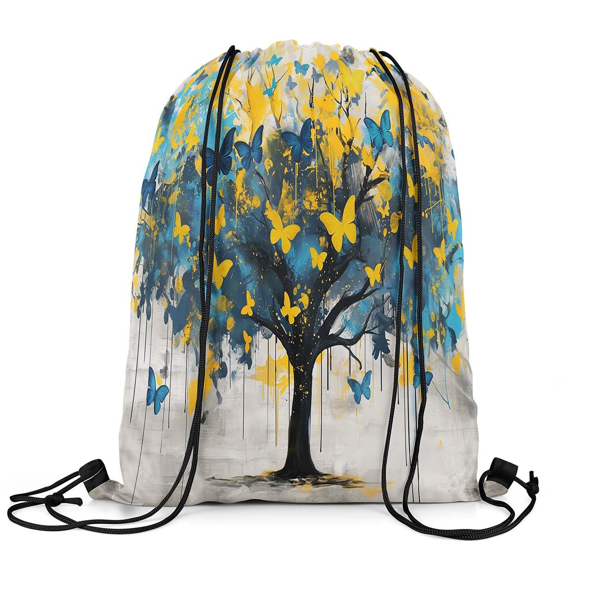 Loussiesd Blue Golden Tree Drawstring Backpack 40x33cm Butterflies Sports Gym String Bag Natural Scenery Drawstring Bags Oil Painting Style Waterproof Cinch Bag Sports Drawstring Sackpack