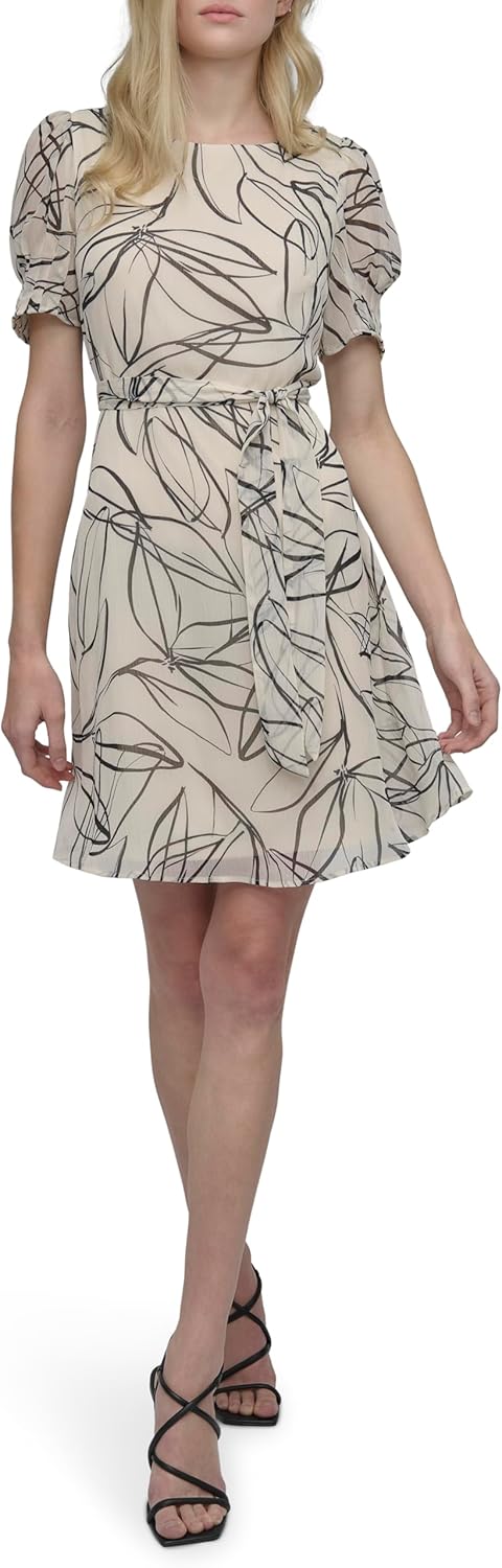 DKNY Womens Short Sleeve Puff Sleeve Tie Waist Dress - Image 2