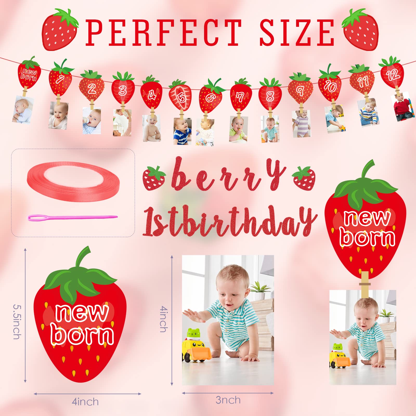 Strawberry 1st Birthday Photo Banner - Baby Fruit Milestone Photograph Bunting Garland for Newborn to 12 Months Summer Party Decoration