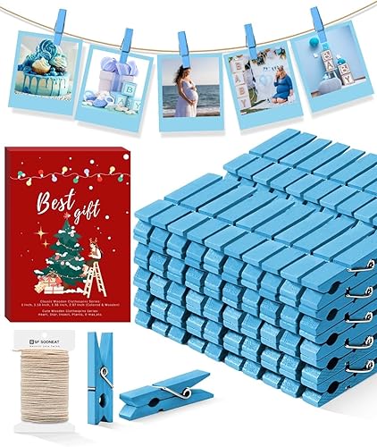 Pinzas para ropa de color azul, 100 clips de fotos de papel de madera, pequeñas pinzas para fotos con cordel de yute, ideales para baby shower,
