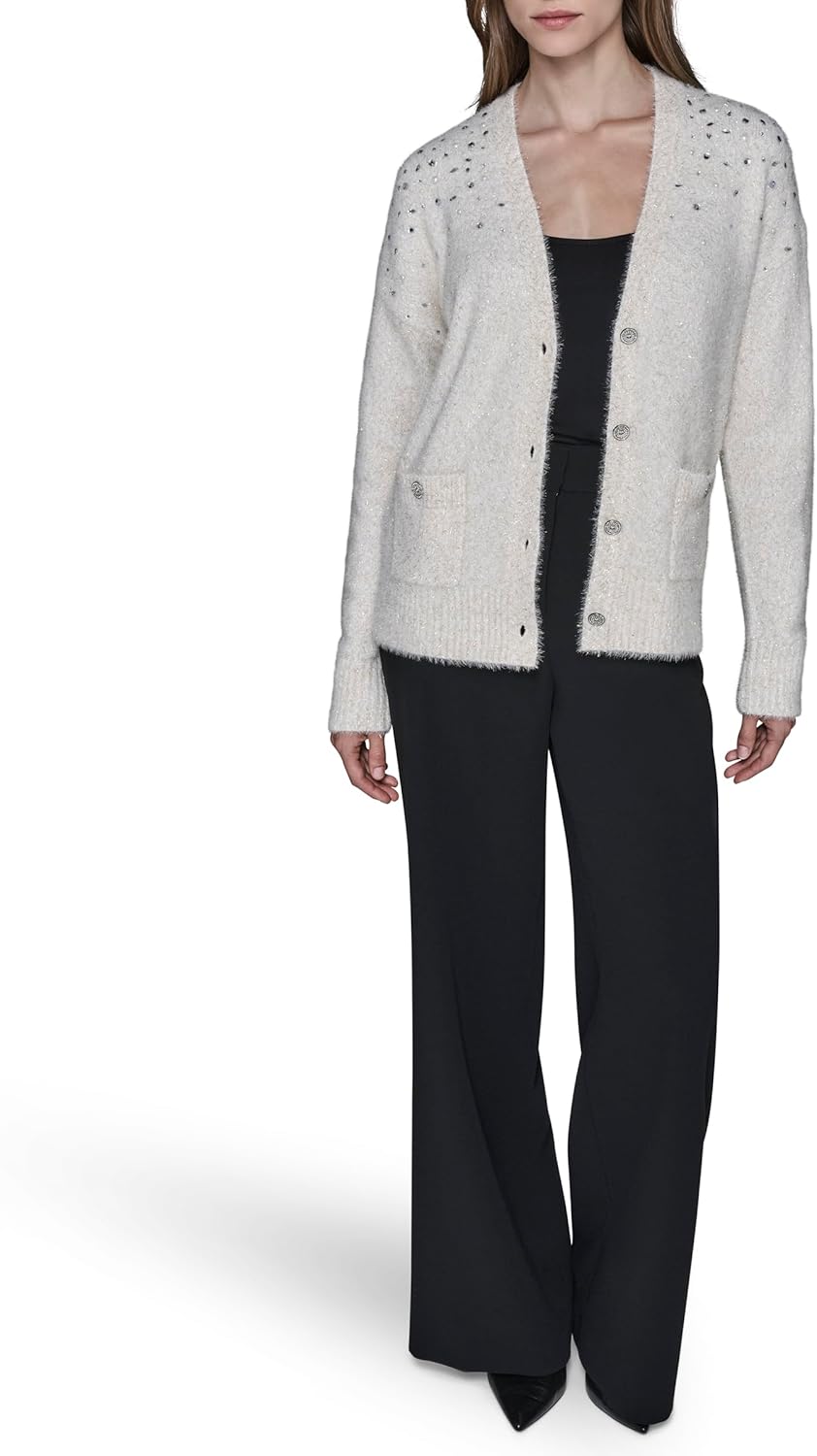 Karl Lagerfeld Womens Long Sleeve V-Neck Bejewled Cardigan Sweater - Image 2