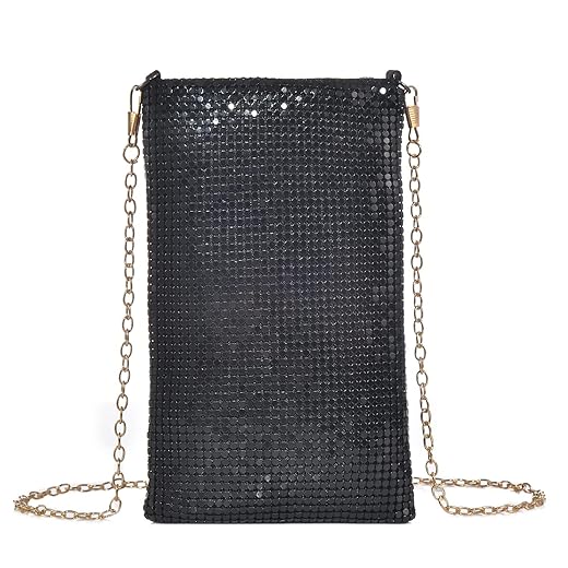 Evening Handbags with Shine Metal Mesh Small Crossbody Bag Cellphone Purse Wallet for Dating Dinner Shopping Party (Black)