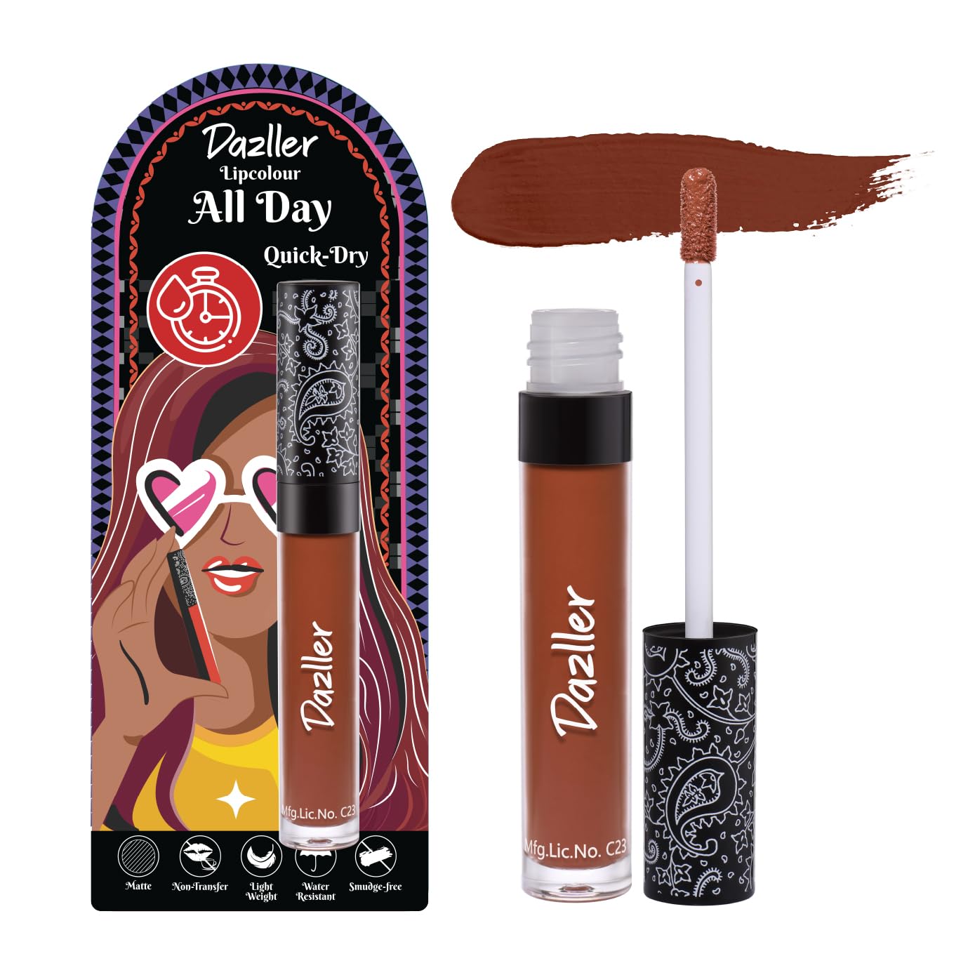 Dazller All Day Lipcolour Quick Dry|Moisturizing Kokum Butter|Non-Transfer & Smudge-proof|8hr stay|Liquid Lipstick for Women|QDLC043 Fruitcake|6g