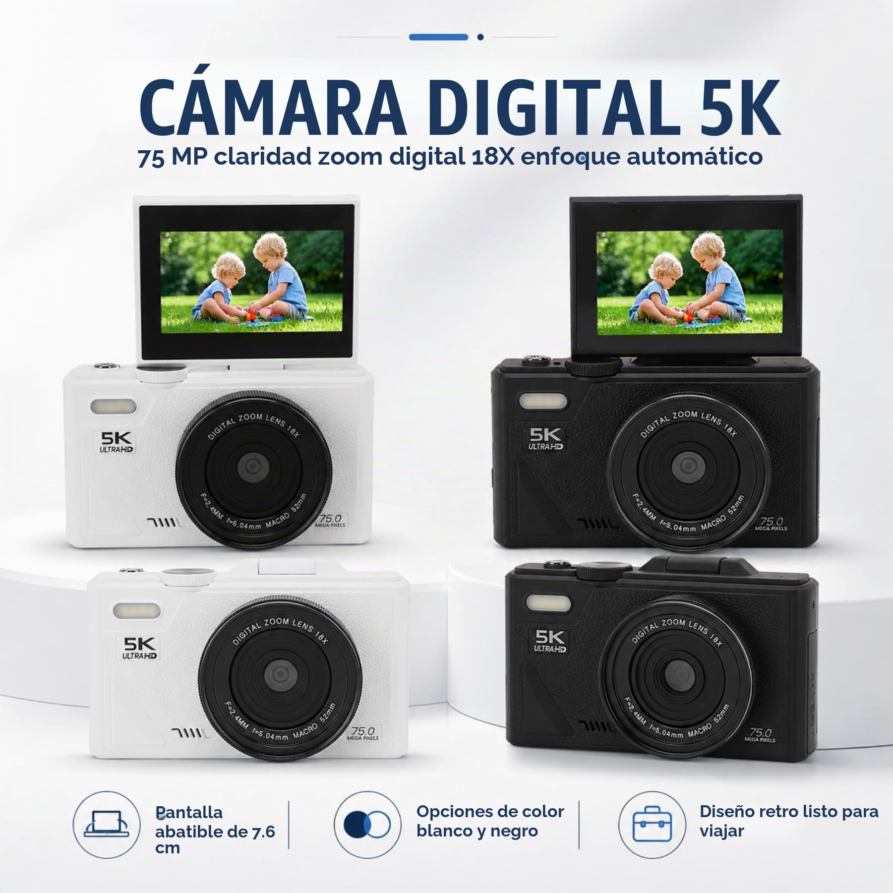 Cámara digital 5K 75MP con estabilización de zoom óptico de 18x, pantalla abatible de 3 pulgadas, cámara digital retro, cámara compacta para viajes, fotografía, vlogging, familia (blanco)