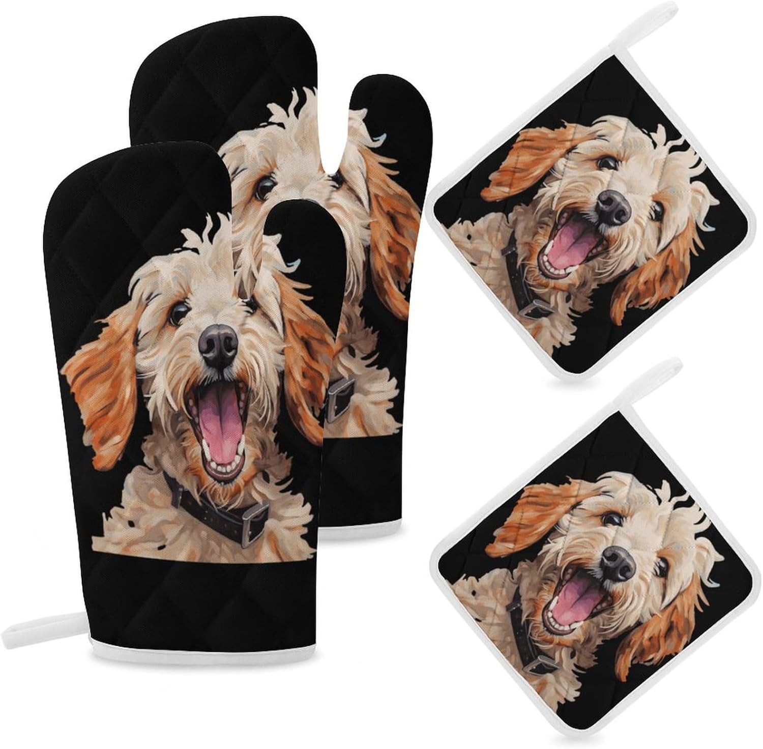 Labradoodle Poodle 4 Pcs Oven Mitts and Pot Holders Set High Heat Resistant Long Kitchen Oven Glove Potholders