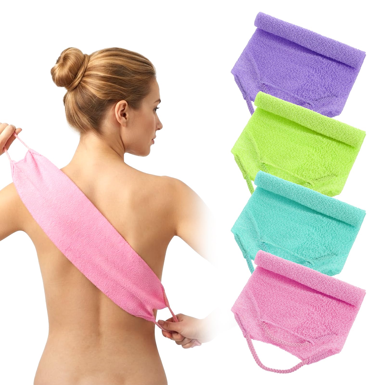 JJUNW 4 Pcs Exfoliating Back Scrubber with Handle, Double Sided Scrub Towel