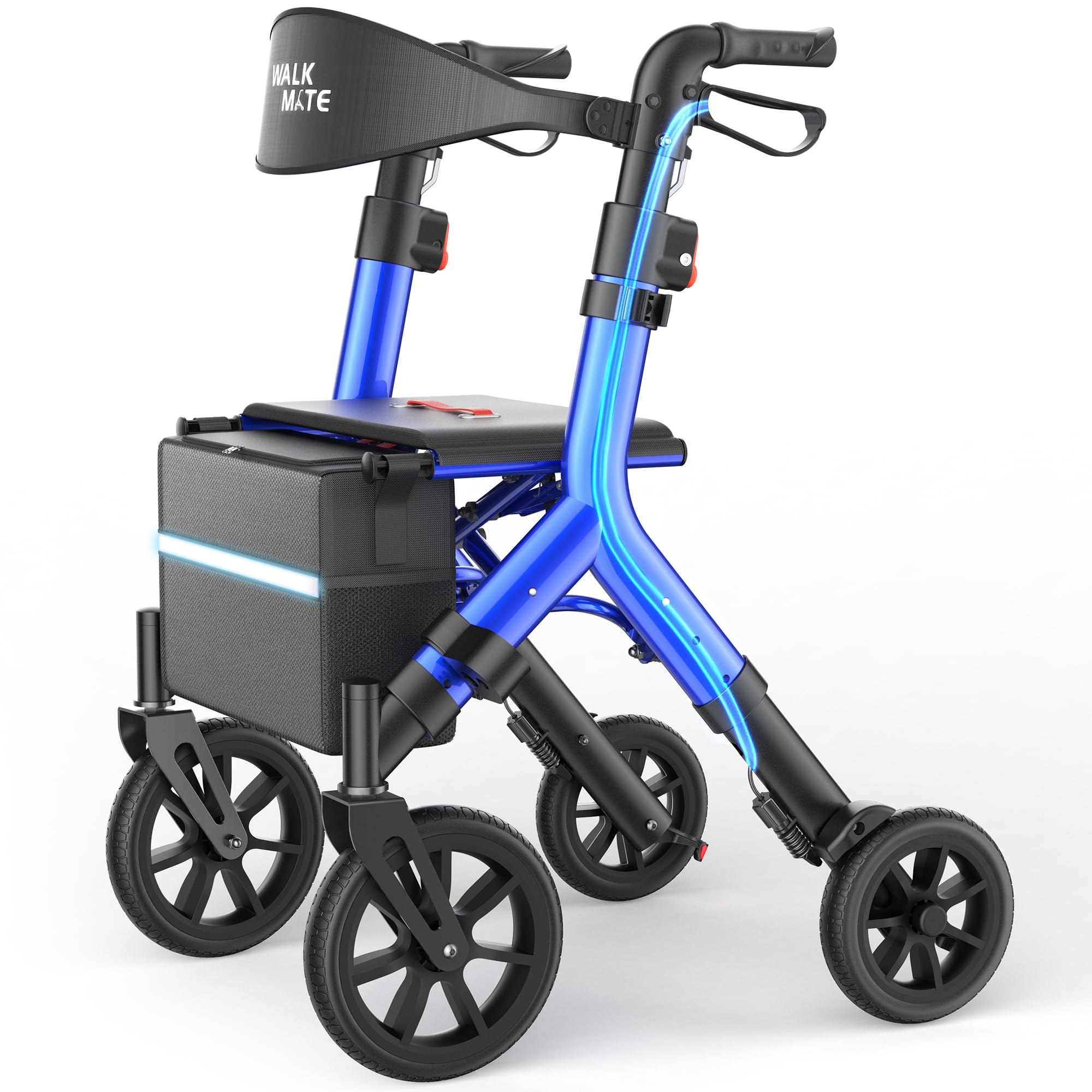 WALK MATE Rollator Walker for Seniors Taller 5.3~7ft with Height-Adjustable Seat, Built-in Cable, 10 Inch Wheels Walkers Compact Folding Design Mobility Walking Aid Widen Backrest, Blue