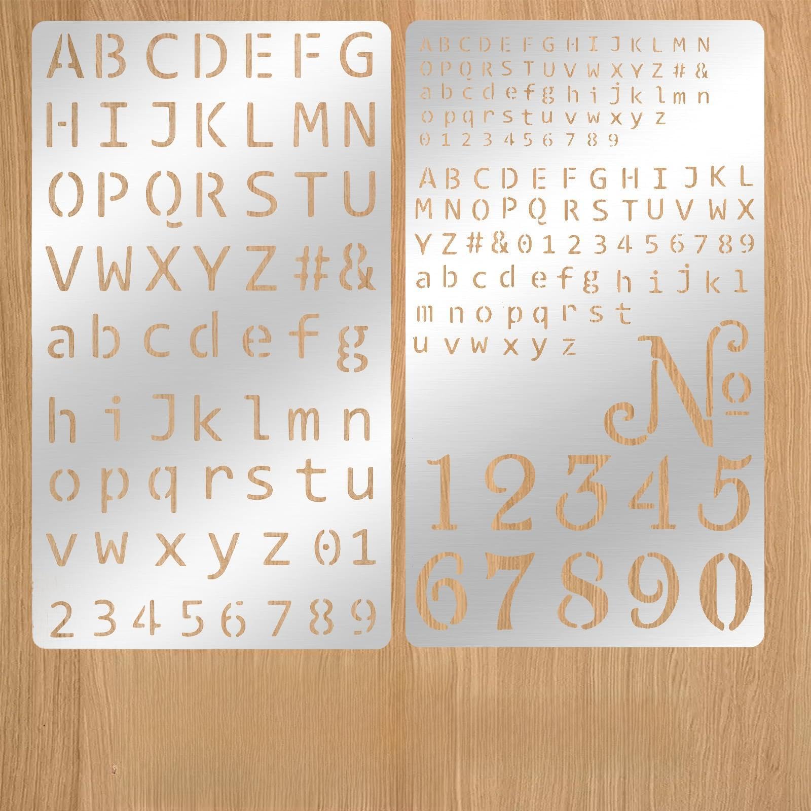 WJIAAA 2 Pcs Metal Stencils for Wood Burning, Stencils for Engraving Pen & Wood Burning, 4x7 Inch Reusable Alphabet Number Font Templates for Metal Leather Glass DIY Crafts