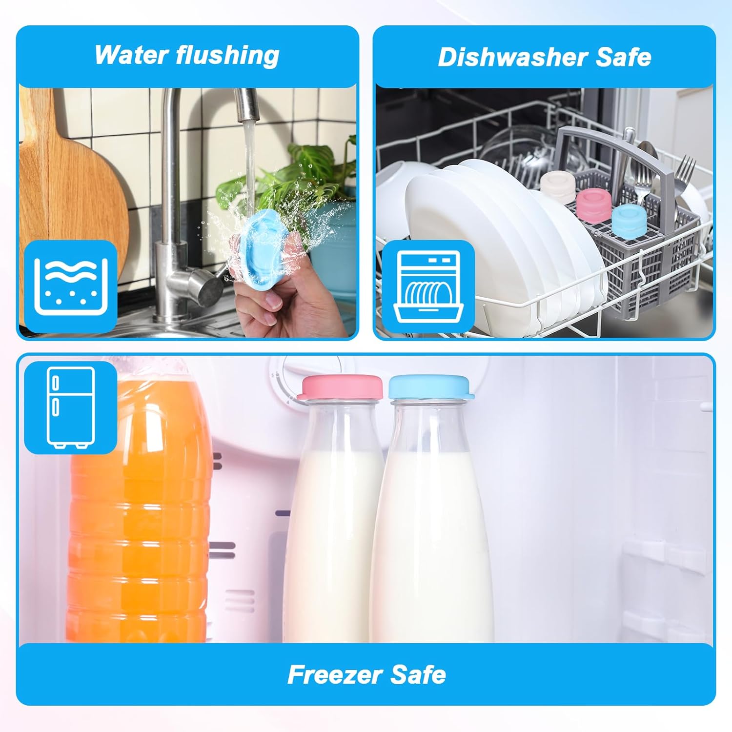 6 Pack Silicone Bottle Caps, 2inch Milk Bottle Glass Replacement Caps, Reusable Airtight Lids Fit Stanpac, Libbey, Stock Your Home, The Dairy Shoppe (Blue, Pink, Beige)