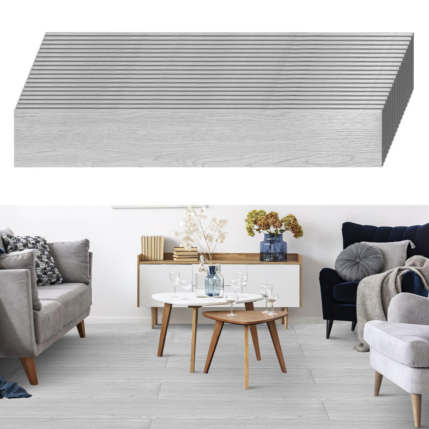 PVC Bodenbelag Selbstklebende, Vinyl-Fliesen, Vinylboden, 91,44 CM X 15,24 CM, Dicke 2 mm, Vinyl Laminat Rutschfeste Dekor-Dielen für Schlafzimmer, Wohnzimmer, 72 Fliesen/10 ㎡, Rauchgrau