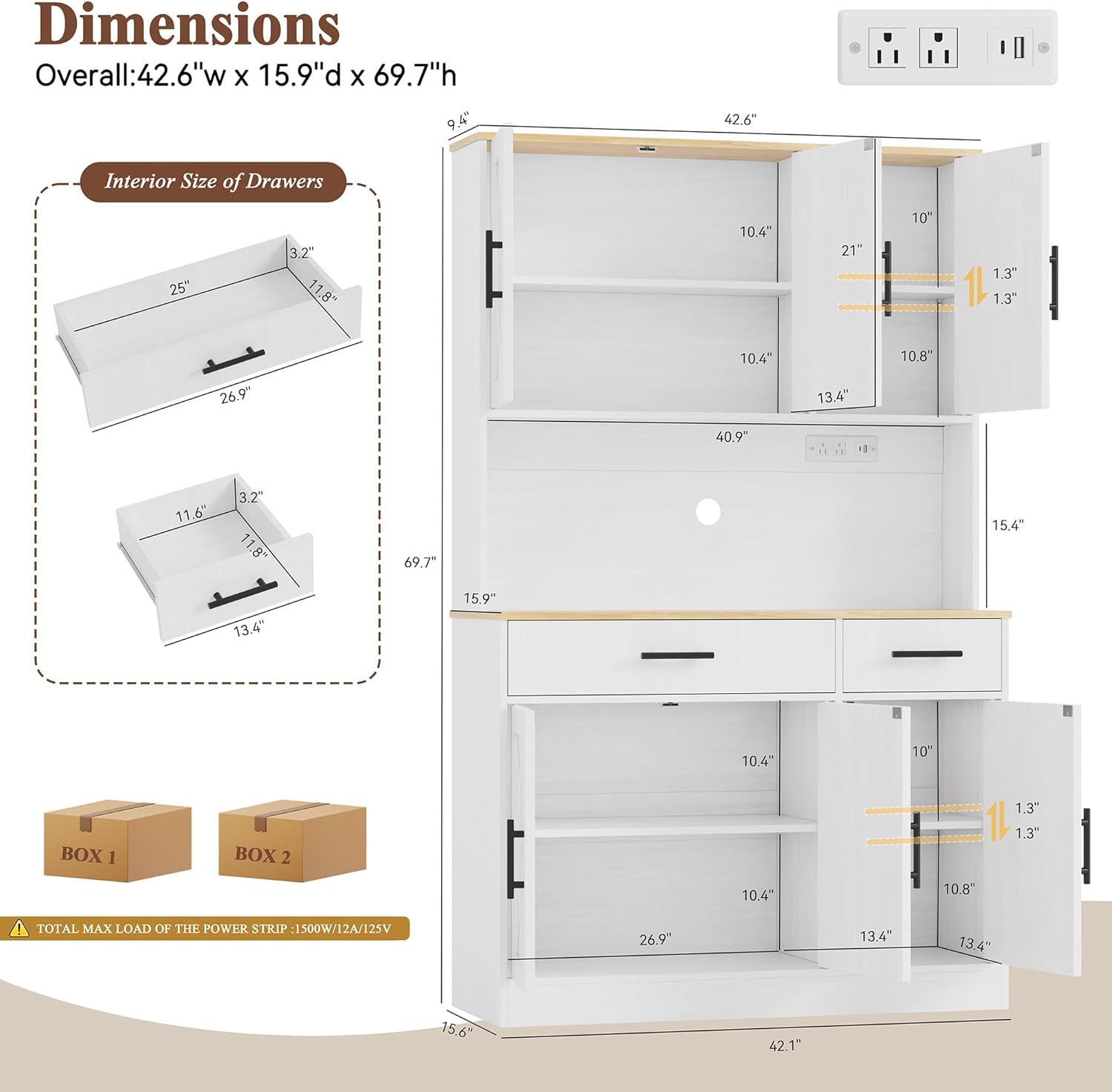 Vongrasig Farmhouse Pantry Cabinet with Charging Station, Tall Kitchen Pantry with Microwave Stand, Storage Drawers & Shelves, Large Kitchen Hutch for Living Room, Dining Room, White