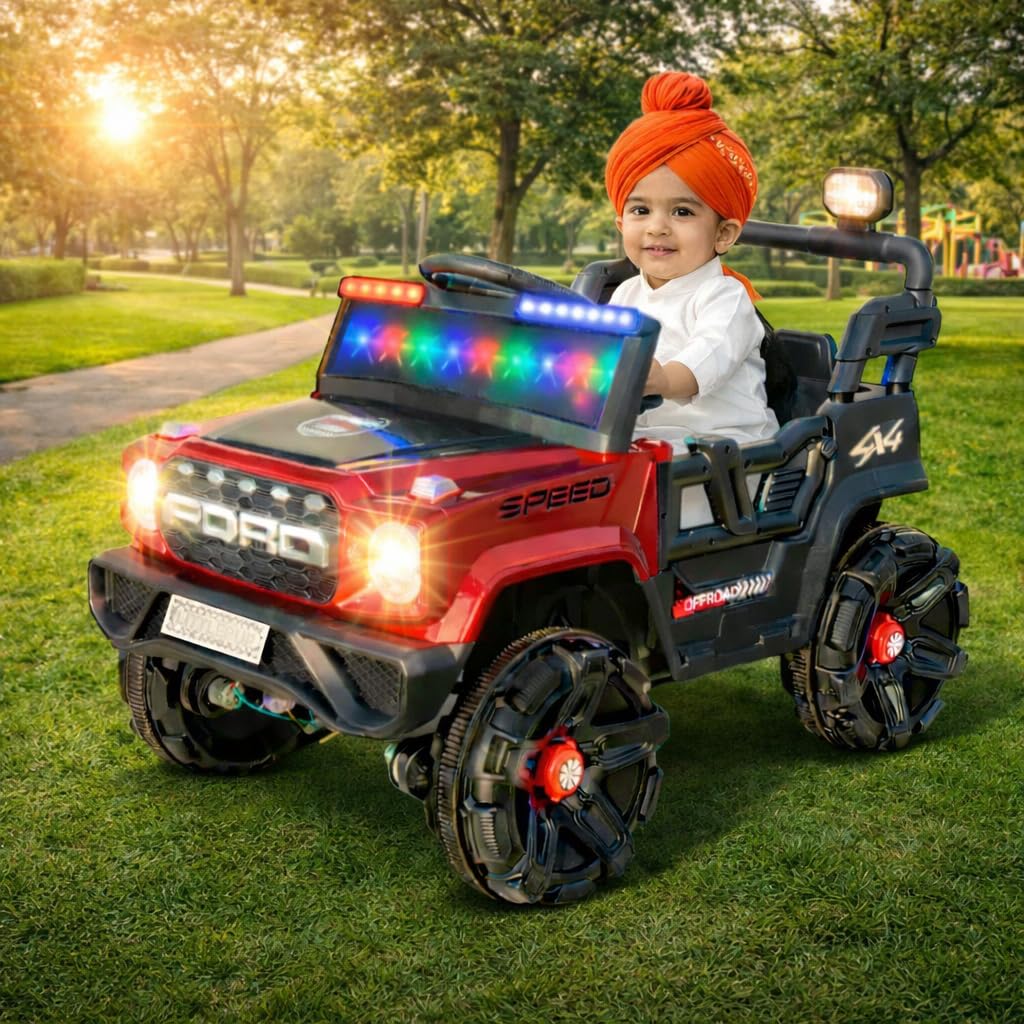 Little Pup 4x4 Electric Jeep Ride-on Car for Kids, 12V Battery Powered, Red Plastic, Remote Control, Bluetooth Music, LED Lights, Manual Drive, Ages 1-6 Years
